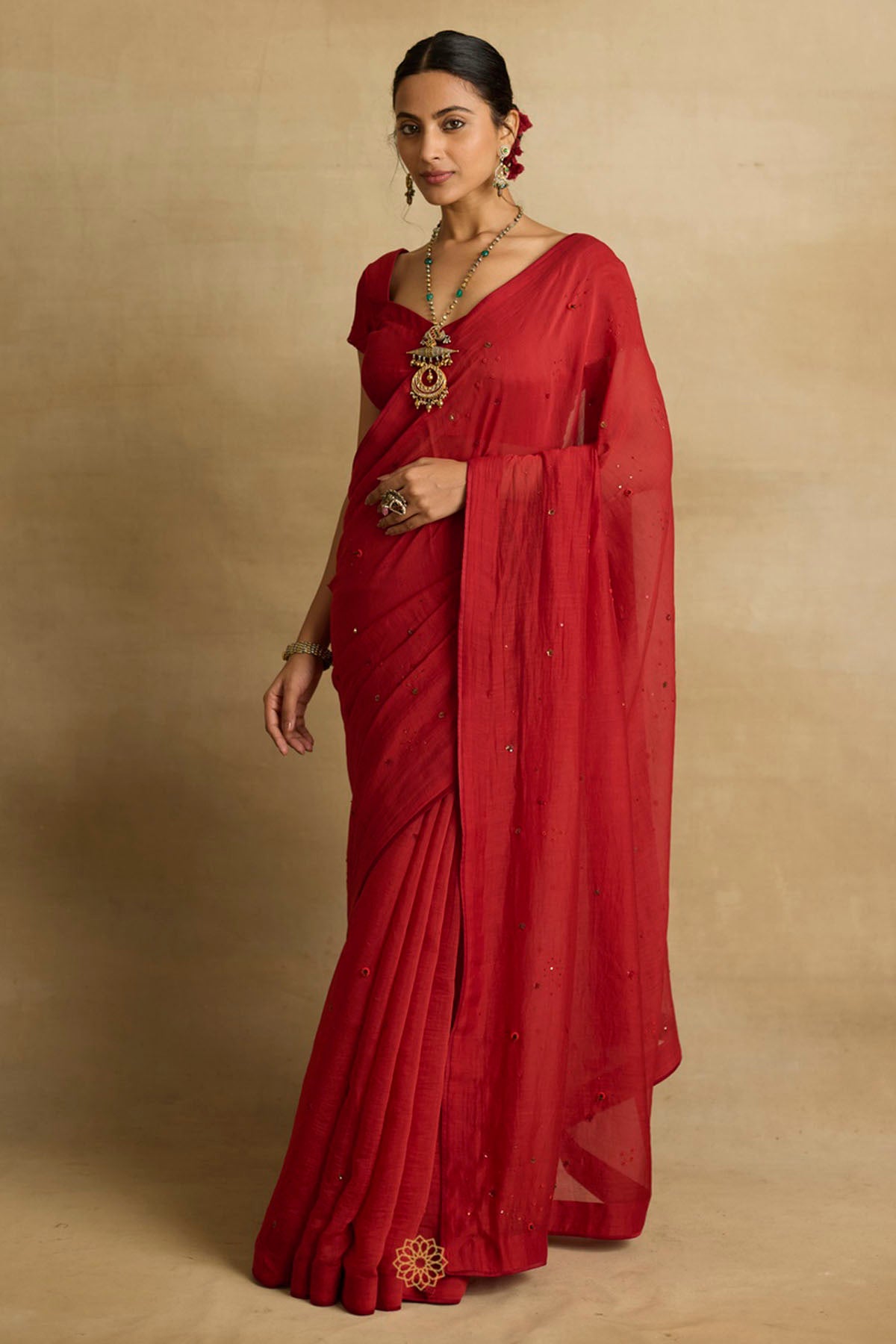 Red Ari Embroidered Saree Set
