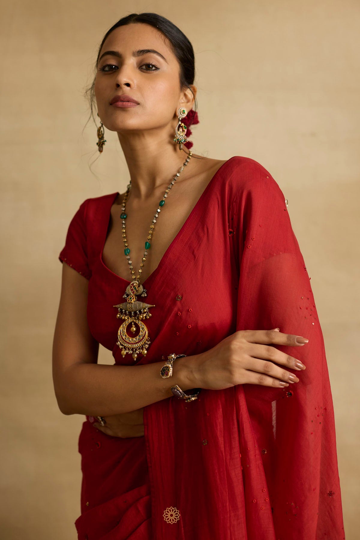 Red Ari Embroidered Saree Set