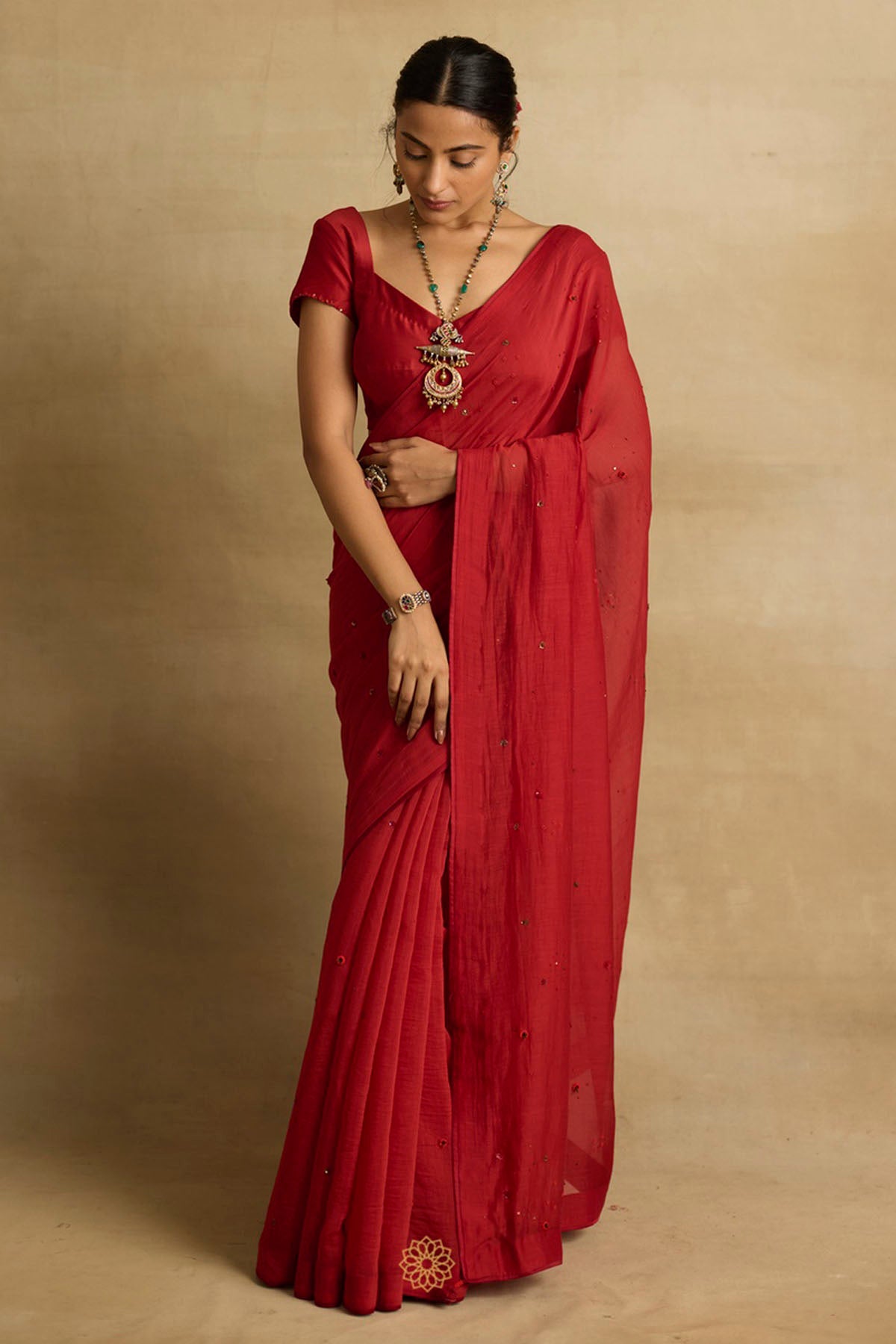 Red Ari Embroidered Saree Set