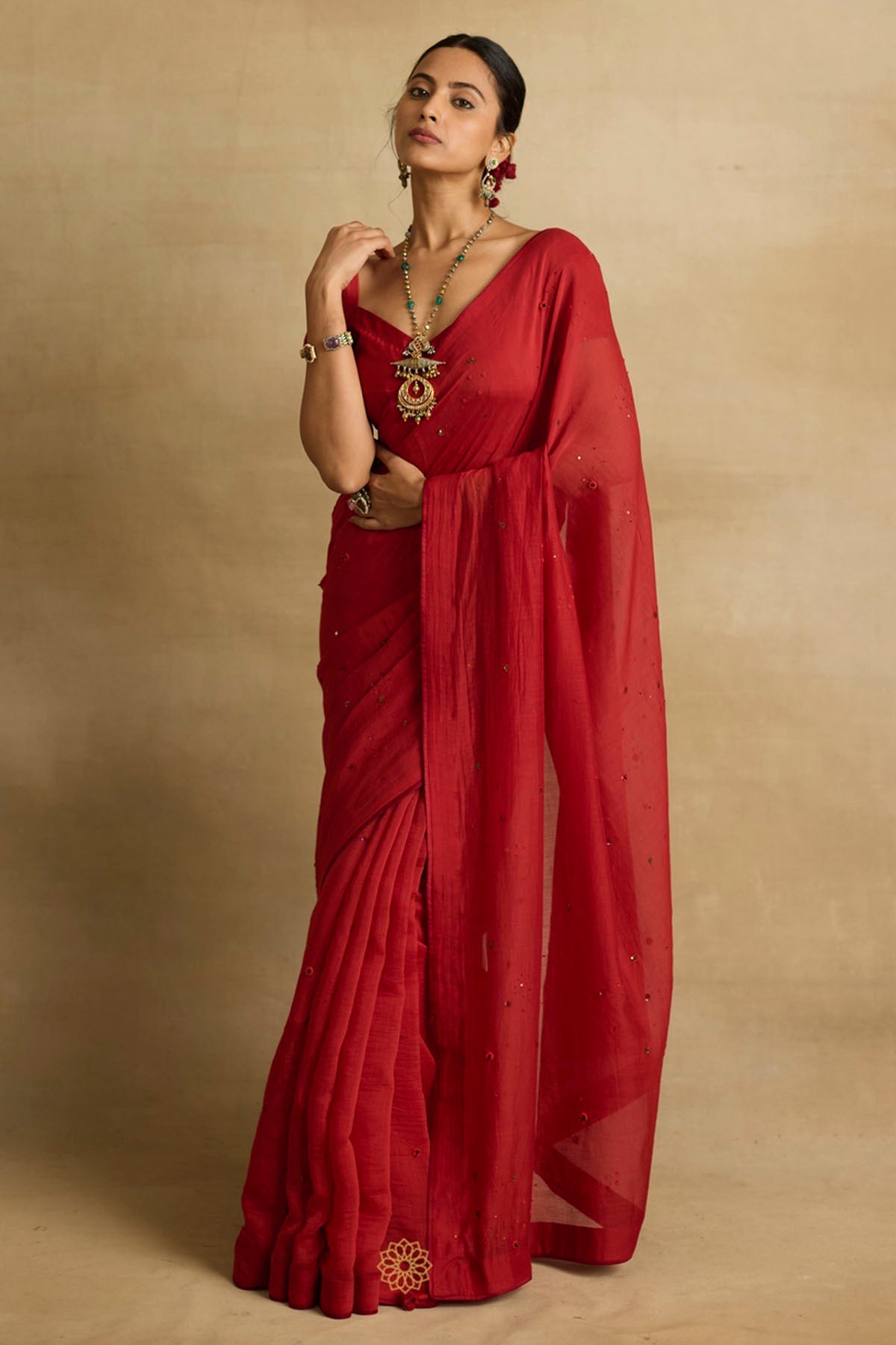 Rhua Red Ari Embroidered Saree Set for women online at ScrollnShops