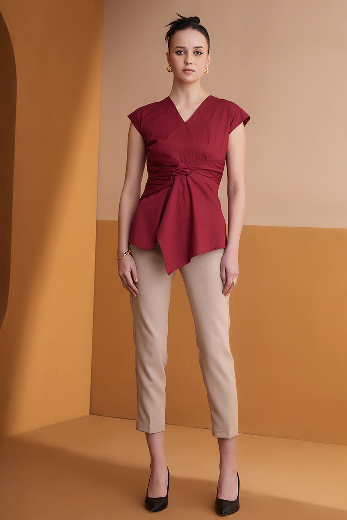 Red Asymmetrical Knot Detail Top