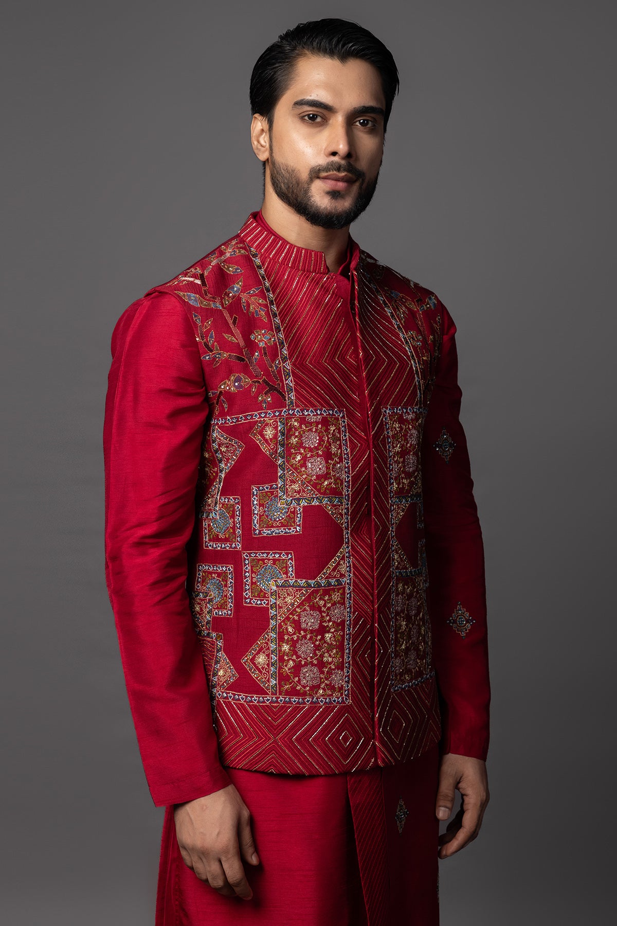 Red Bam Silk Cutdana Kurta Set