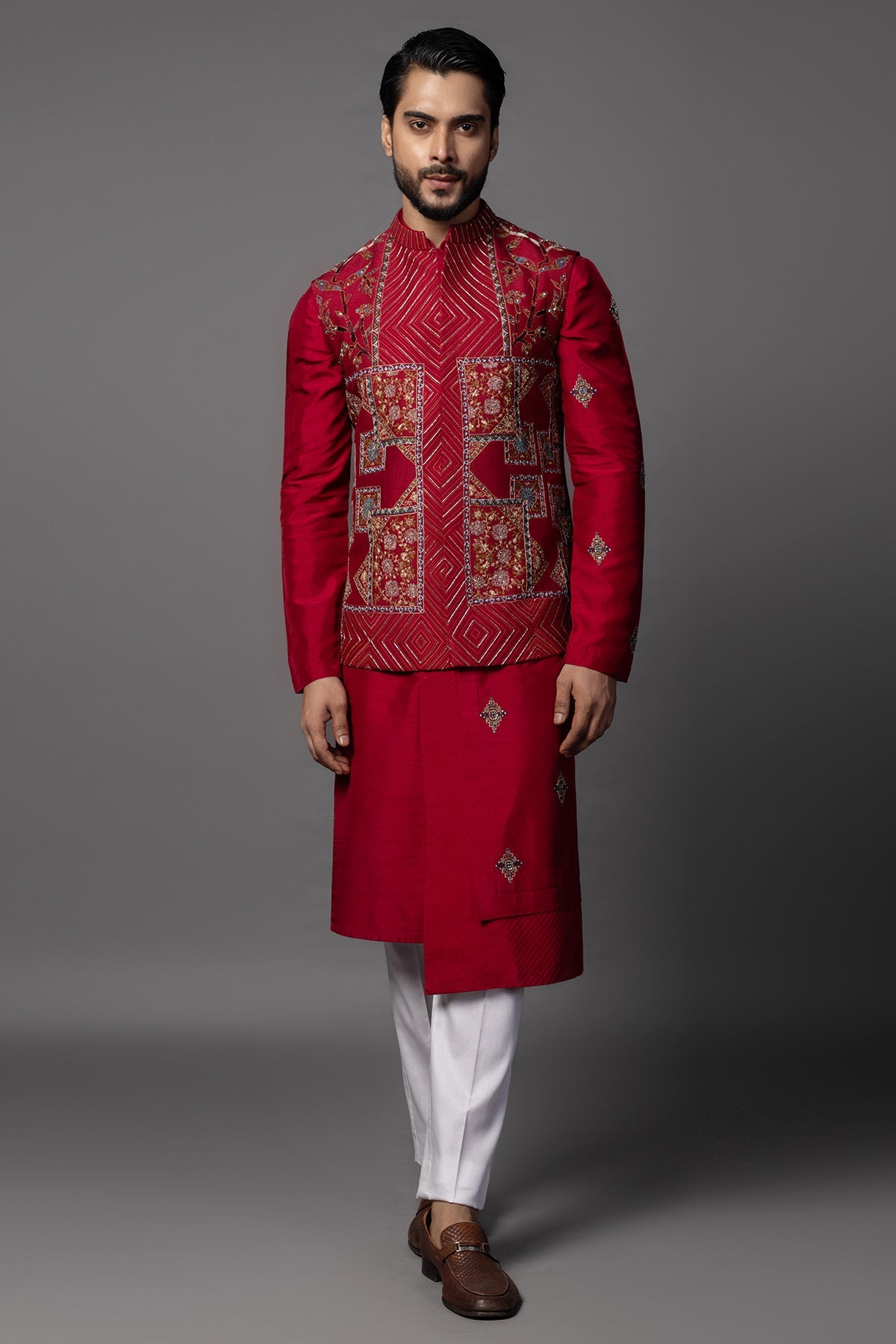 Buy Red Bam Silk Cutdana Kurta Set for men by Paarsh Atelier online available at scrollnshops