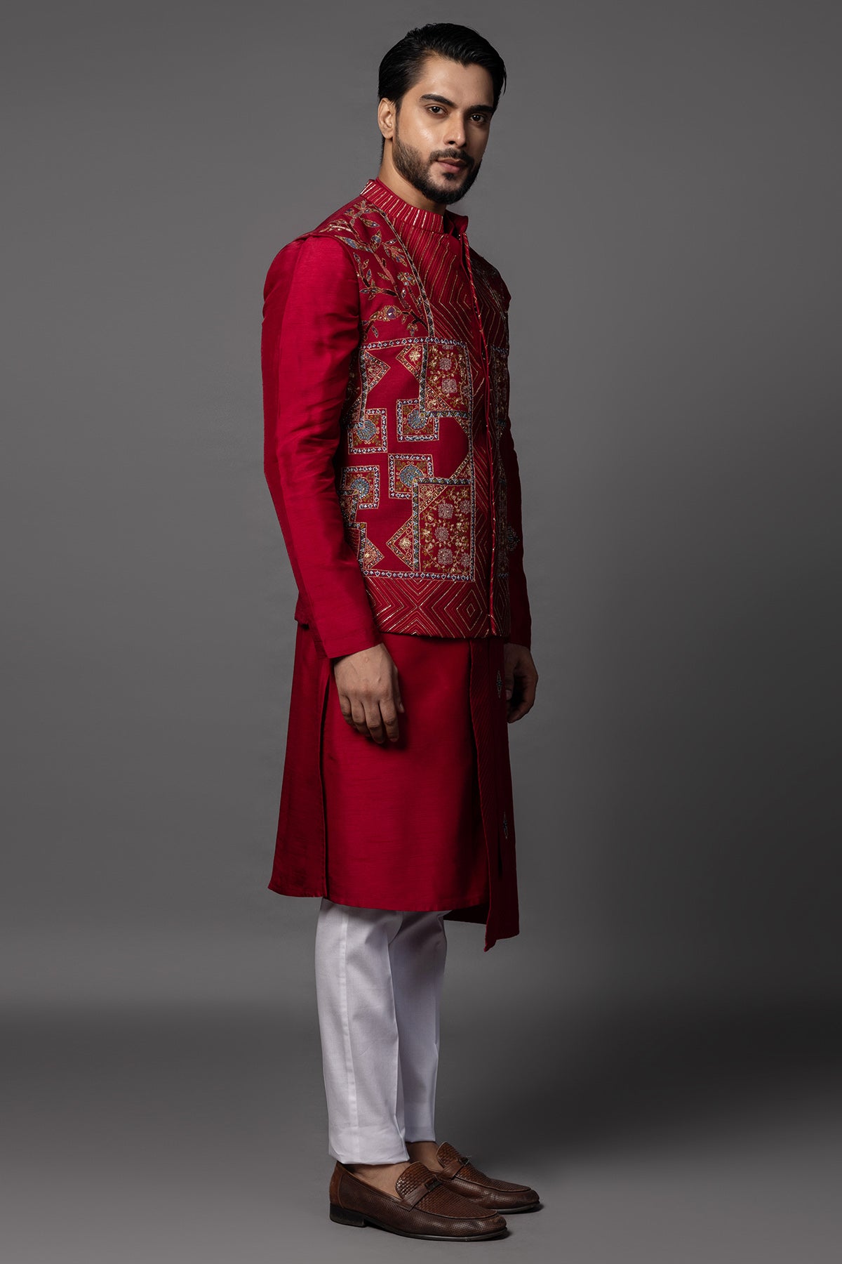 Red Bam Silk Cutdana Kurta Set