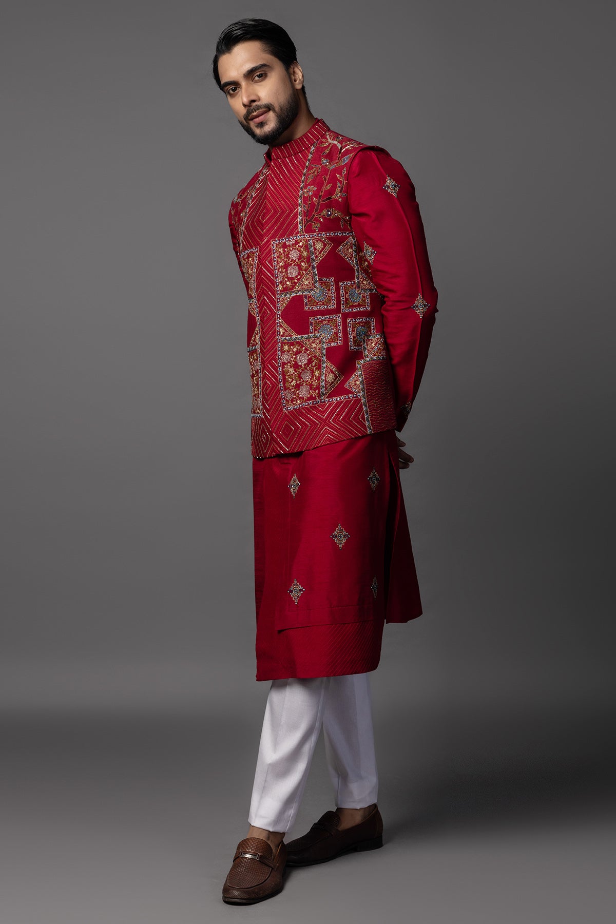 Red Bam Silk Cutdana Kurta Set