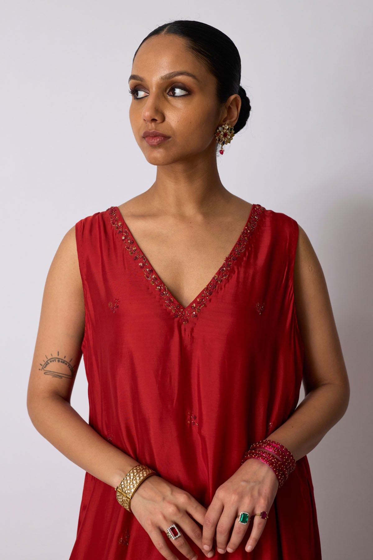 Red Bamboo Silk Vneck Kurta Set