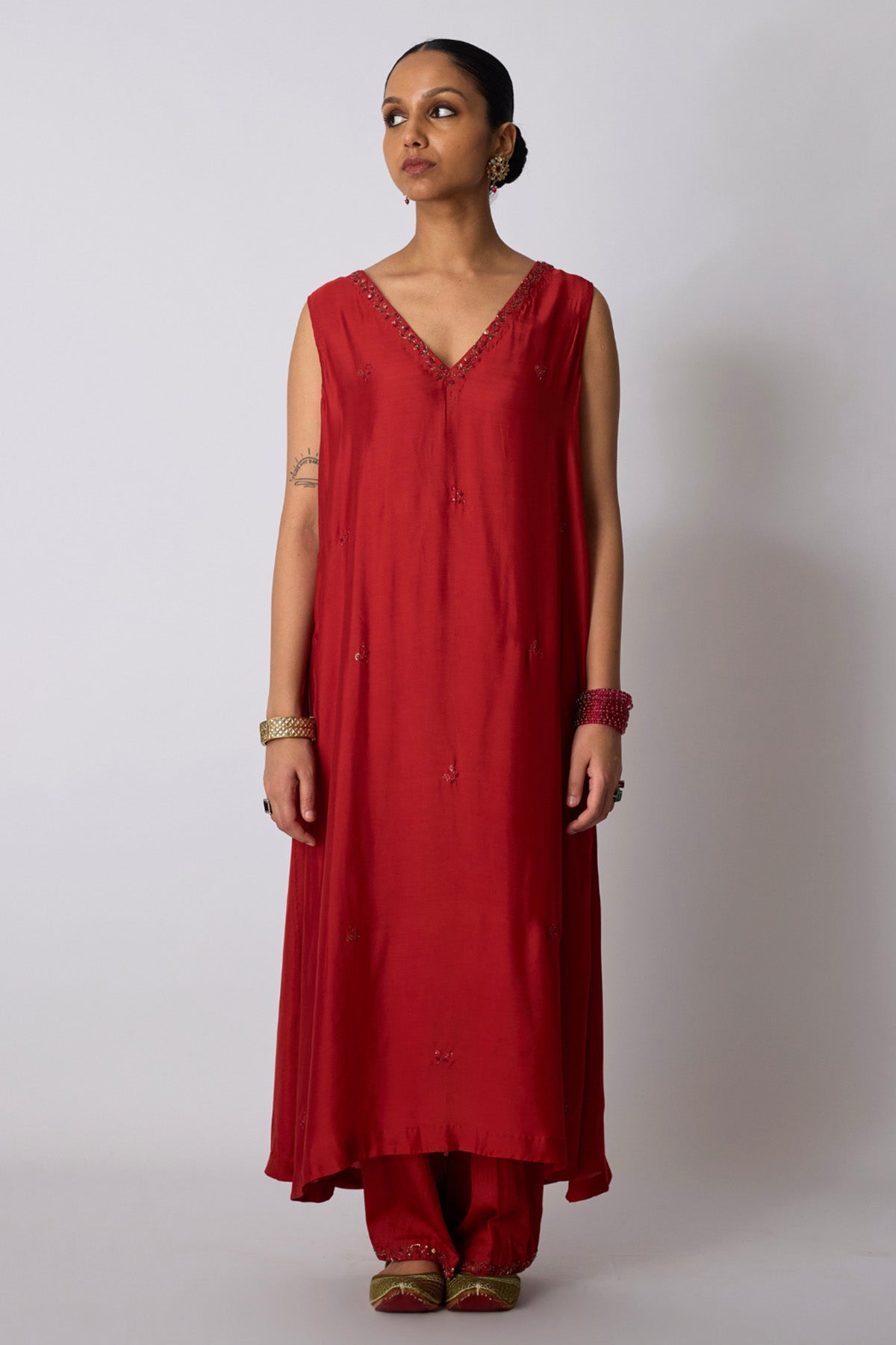 Red Bamboo Silk Vneck Kurta Set