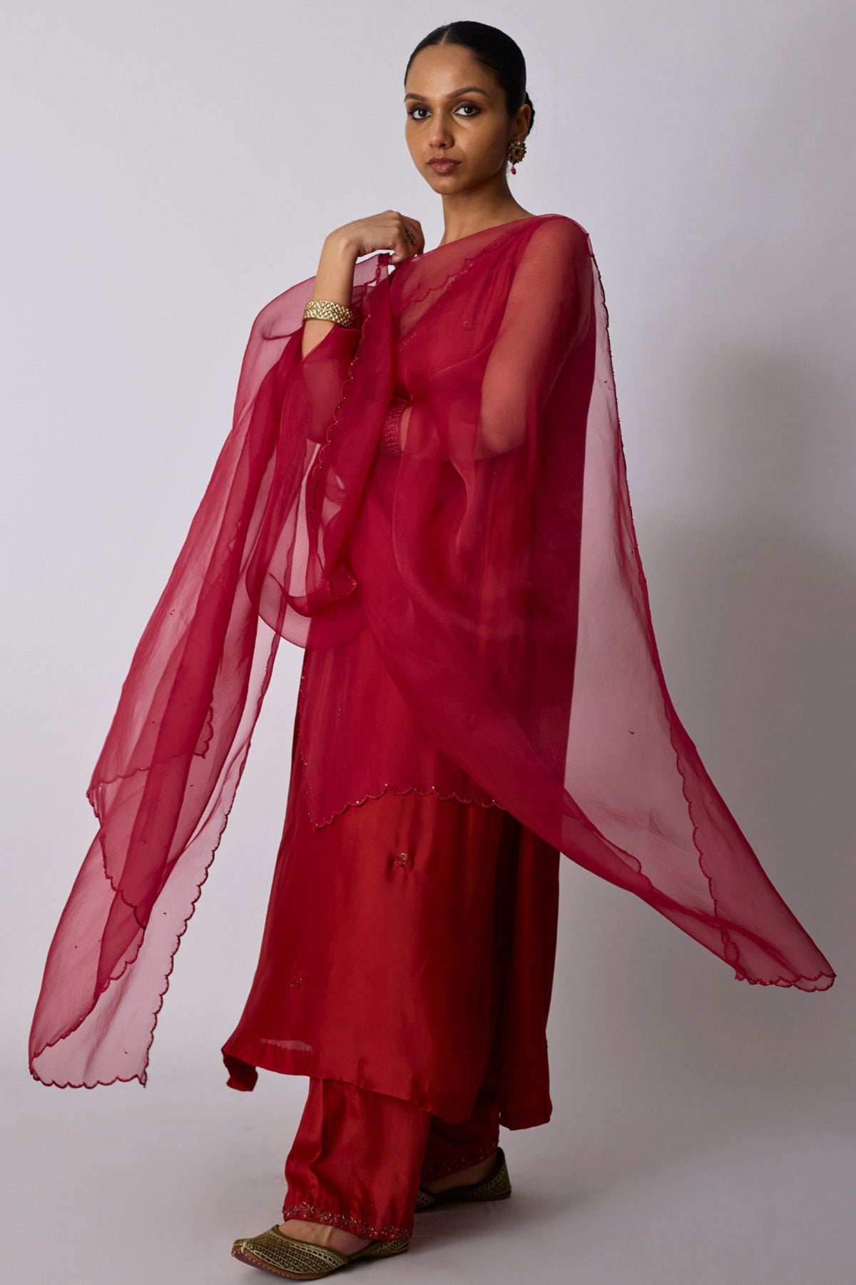 Red Bamboo Silk Vneck Kurta Set