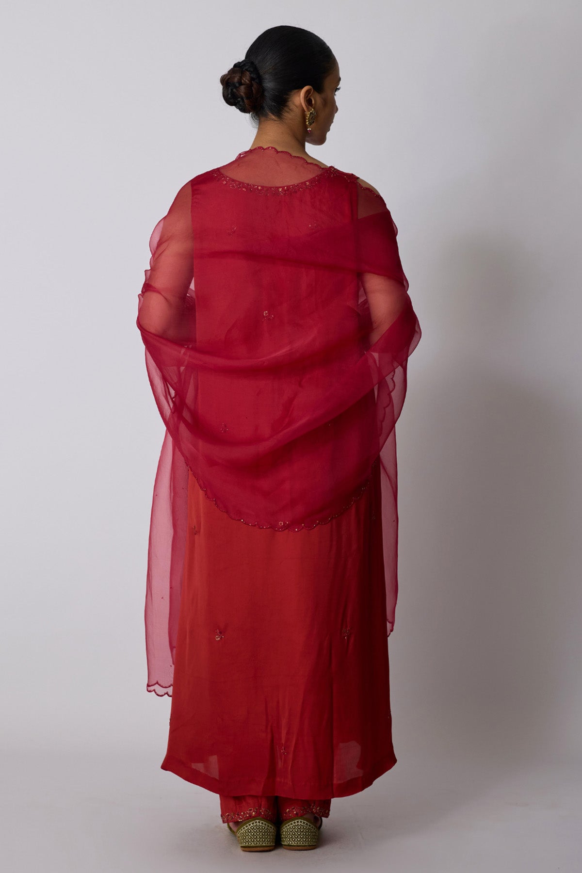 Red Bamboo Silk Vneck Kurta Set
