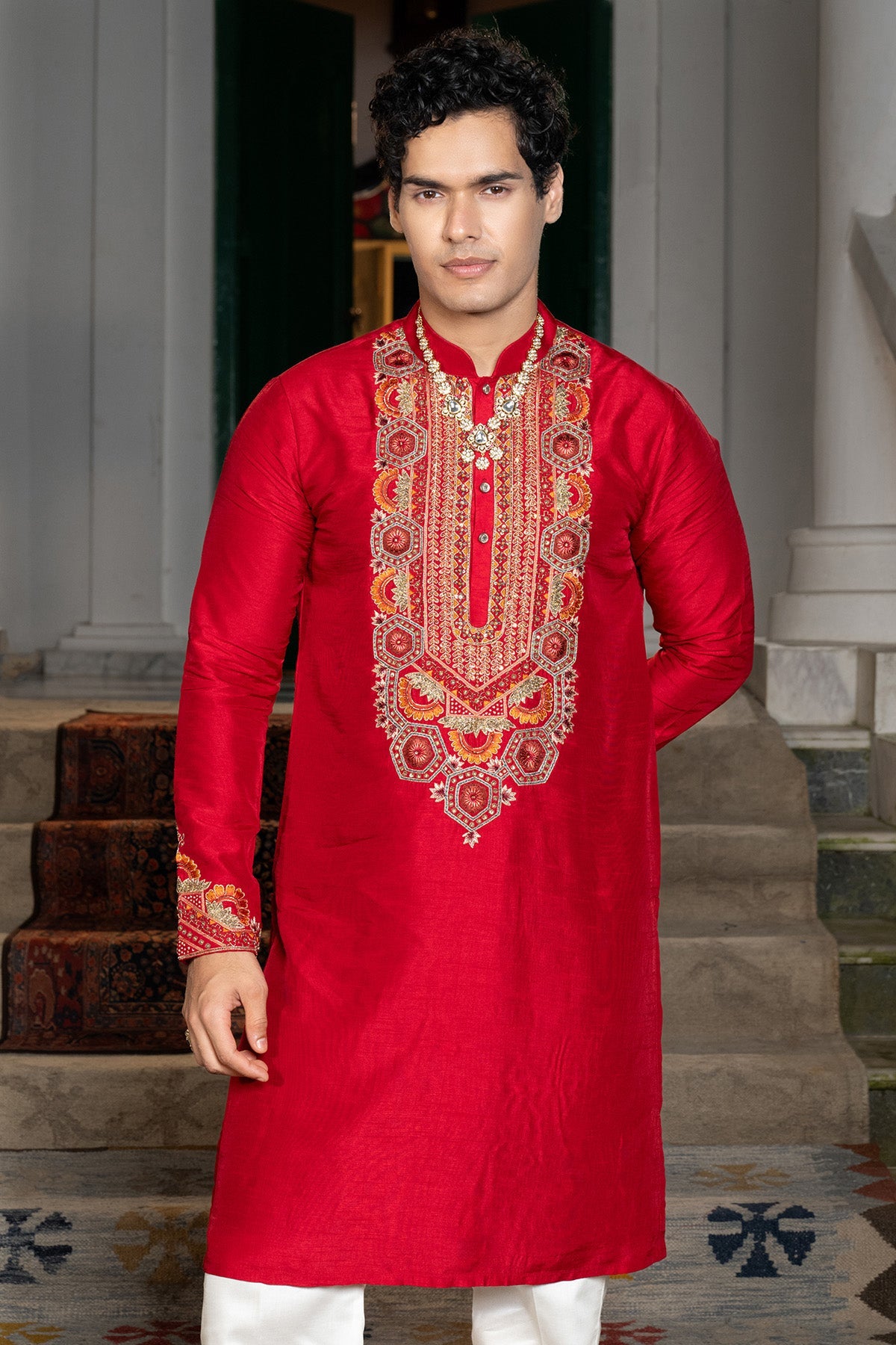 Buy Red Bamsilk Zari Kurta & Pants for women by Paarsh Atelier online available at scrollnshops