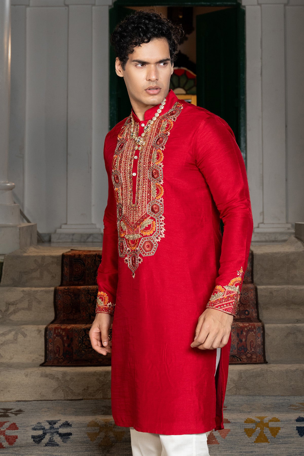 Red Bamsilk Zari Kurta & Pants