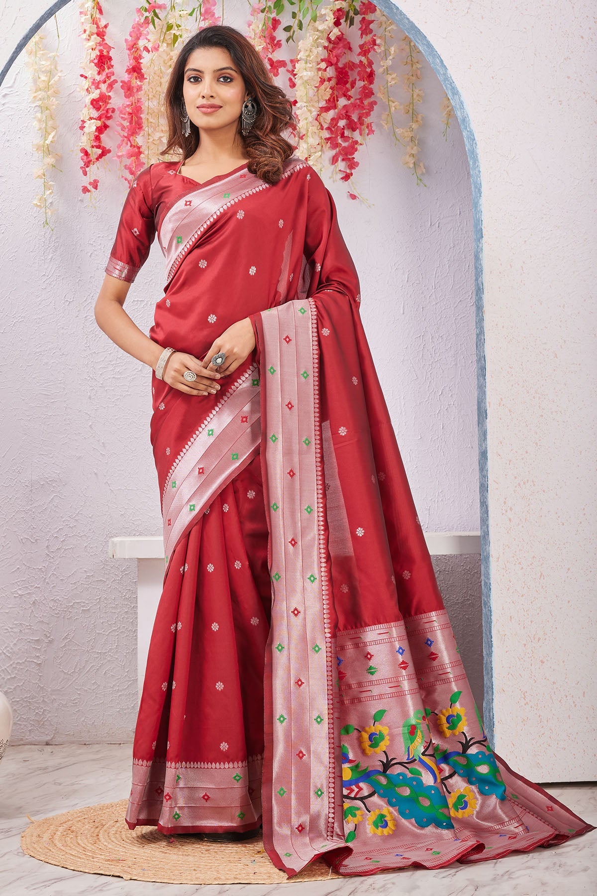 Buy Red Banarasi Floral Pallu Saree for women by Aastha Fashion online available at scrollnshops