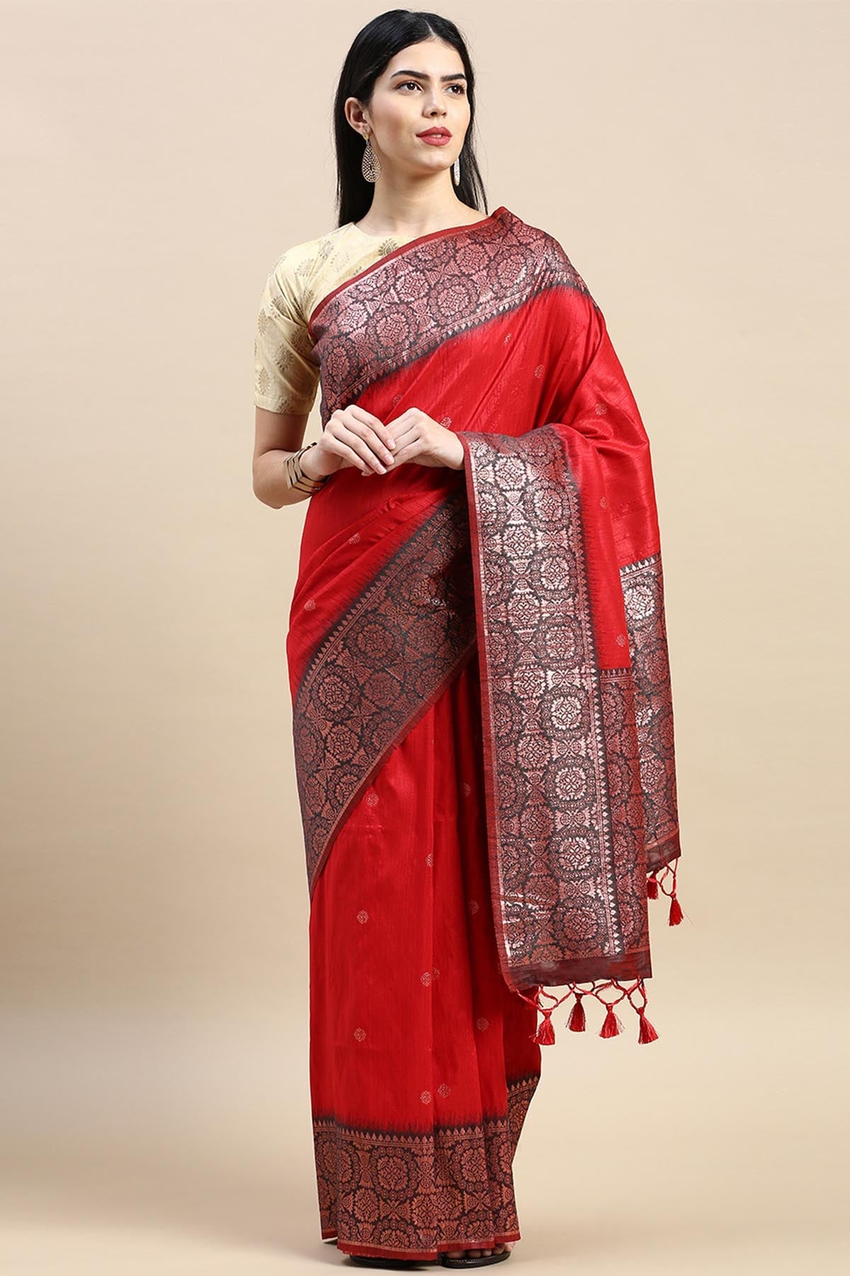 Buy Red Banarasi Silk Zari Saree by Lili Lala for women online at ScrollnShops