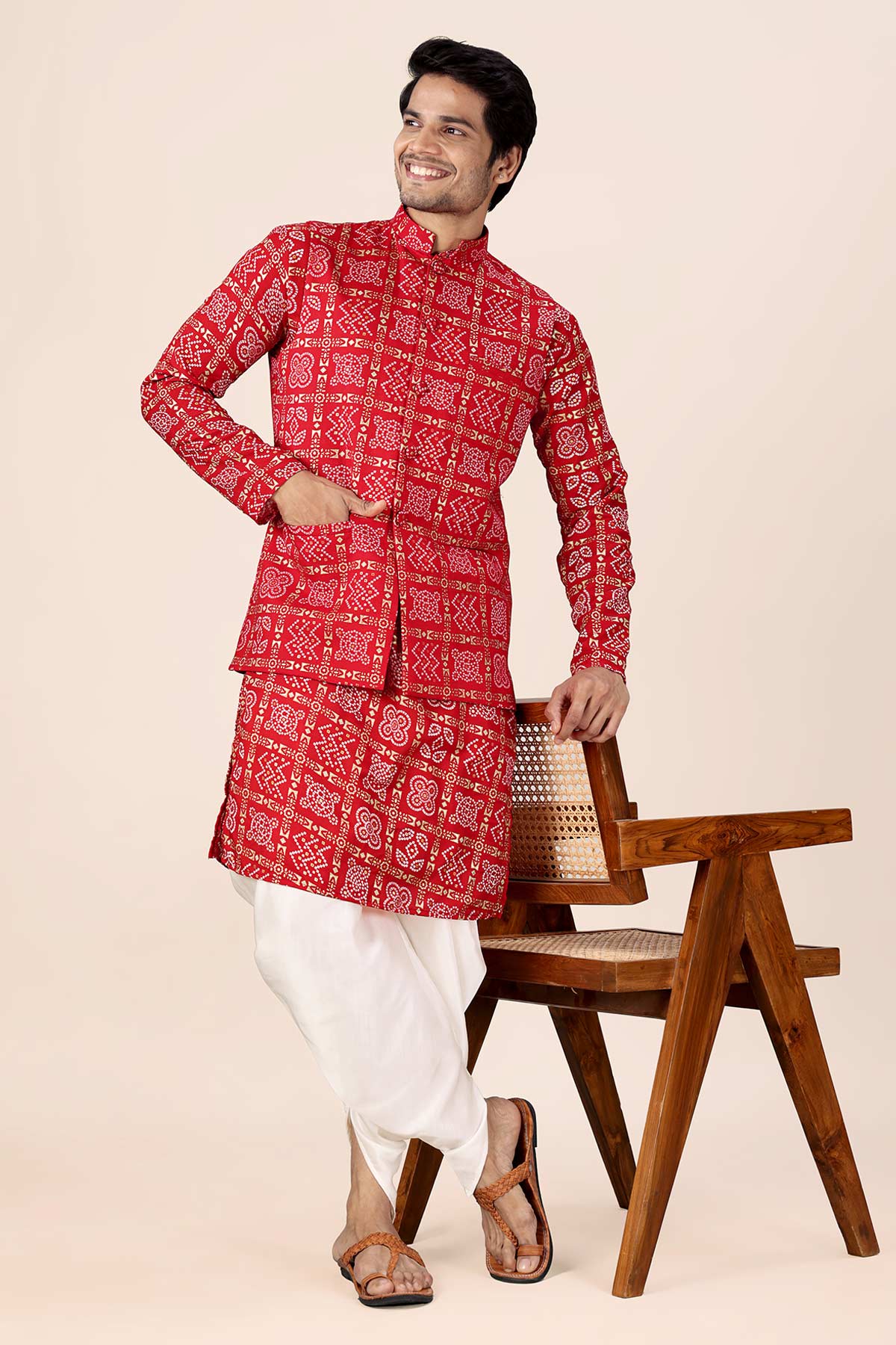 Buy Red Bandhani Printed Bundi Set for women by Priyanka Jain online available at scrollnshops