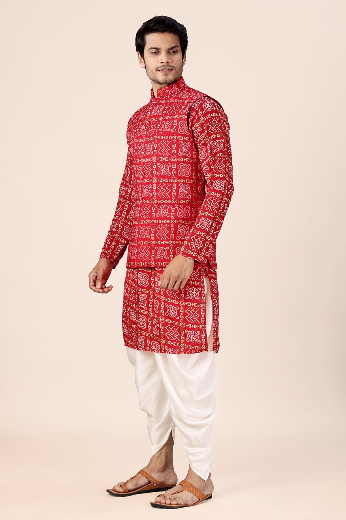 Red Bandhani Printed Bundi Set