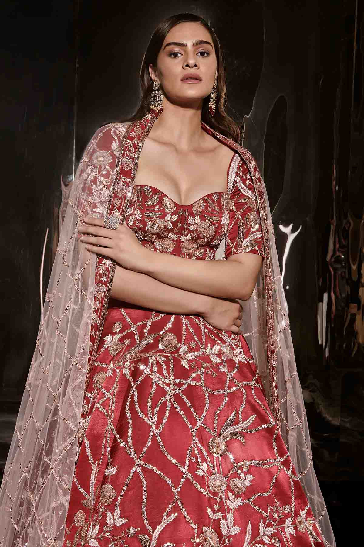 Red Bead Embroidered Lehenga Set