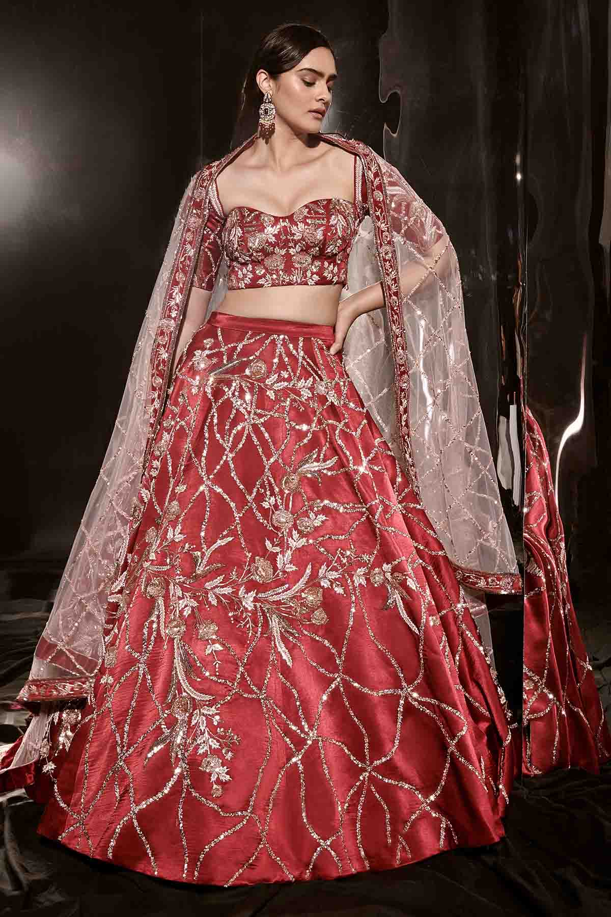 Red Bead Embroidered Lehenga Set