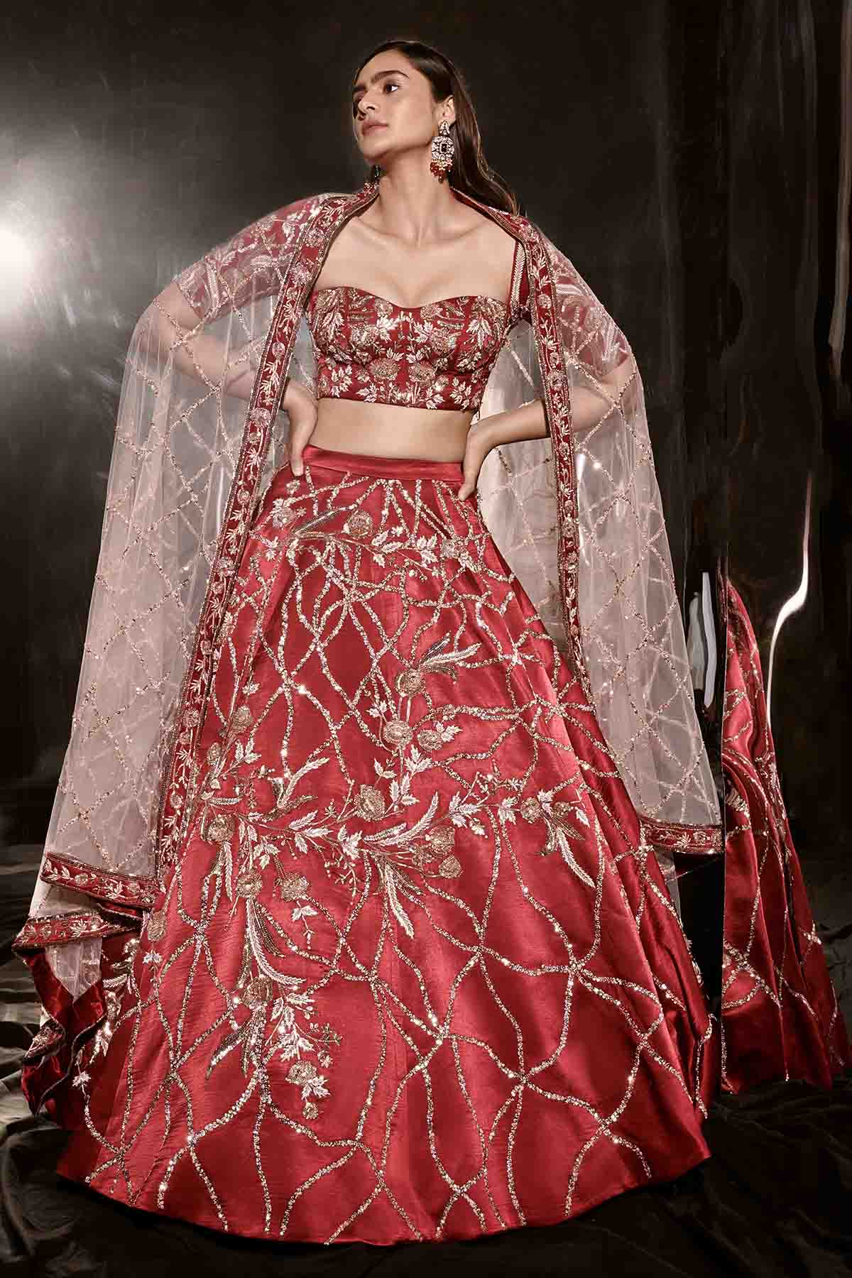 Buy Red Bead Embroidered Lehenga Set by Masumi Mewawalla for women online at ScrollnShops