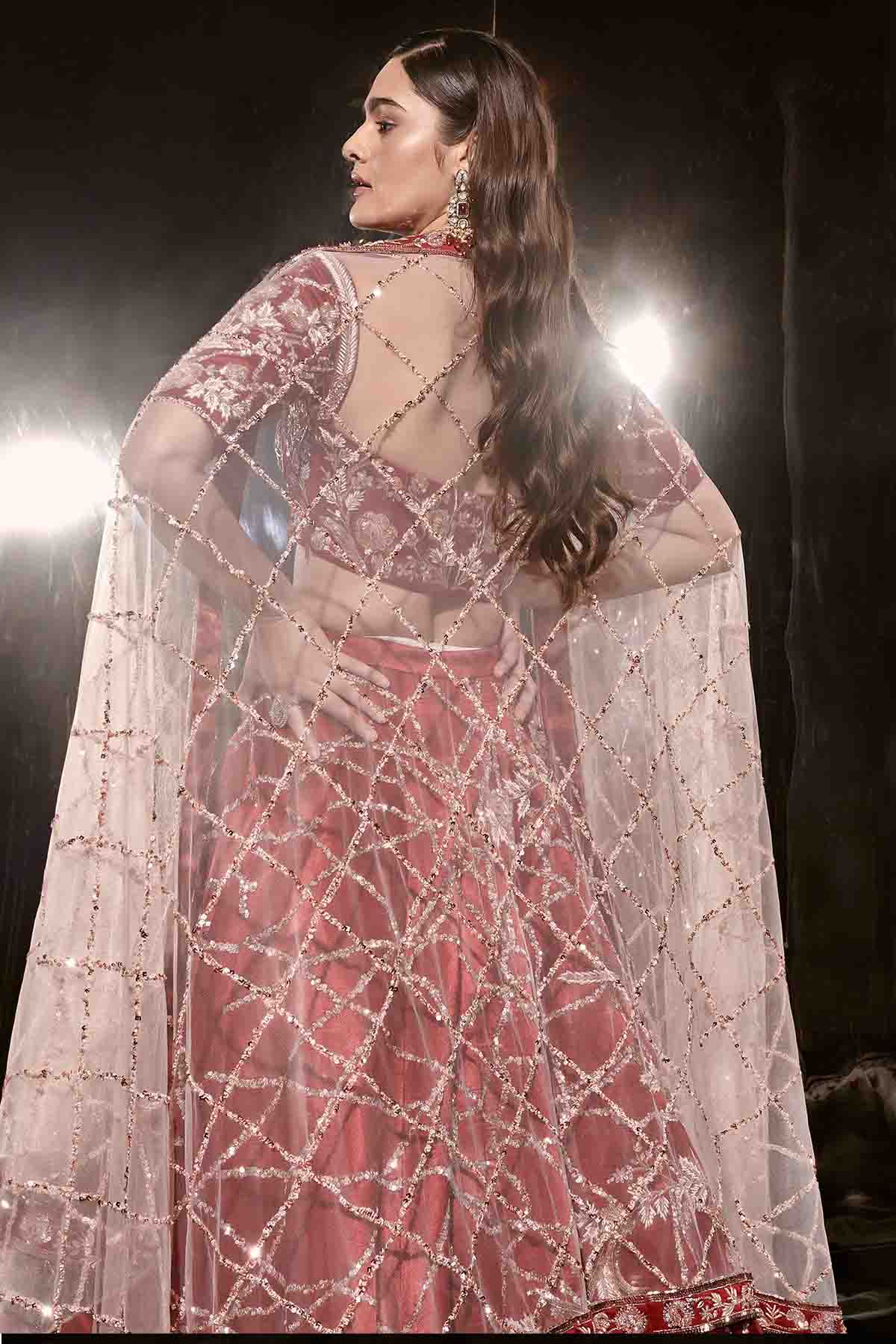 Red Bead Embroidered Lehenga Set