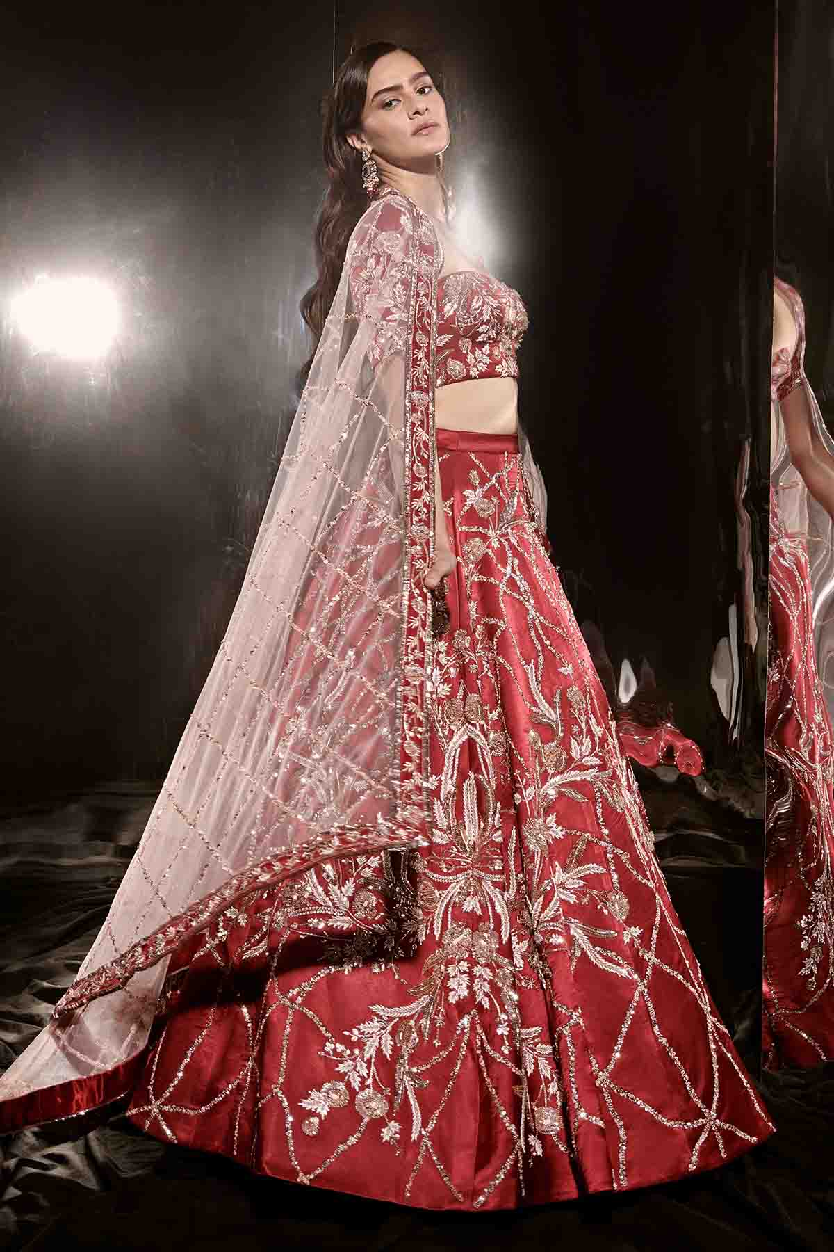 Red Bead Embroidered Lehenga Set