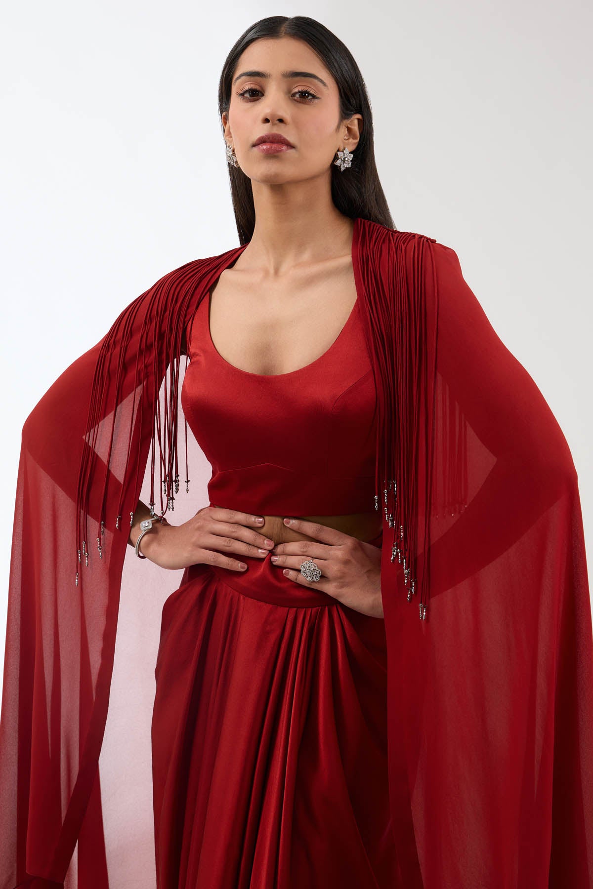 Red Beaded Draped Skirt Set