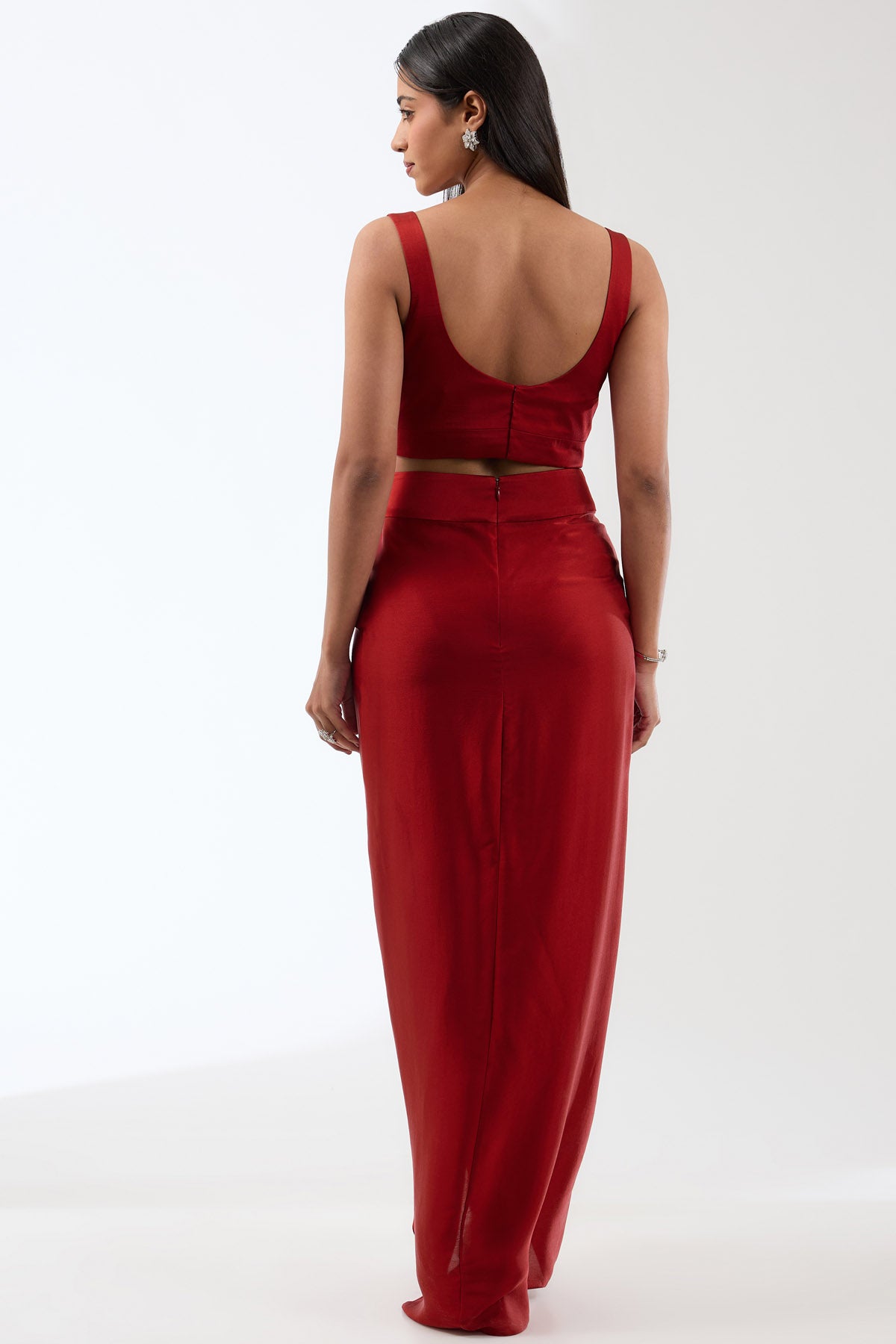 Red Beaded Draped Skirt Set