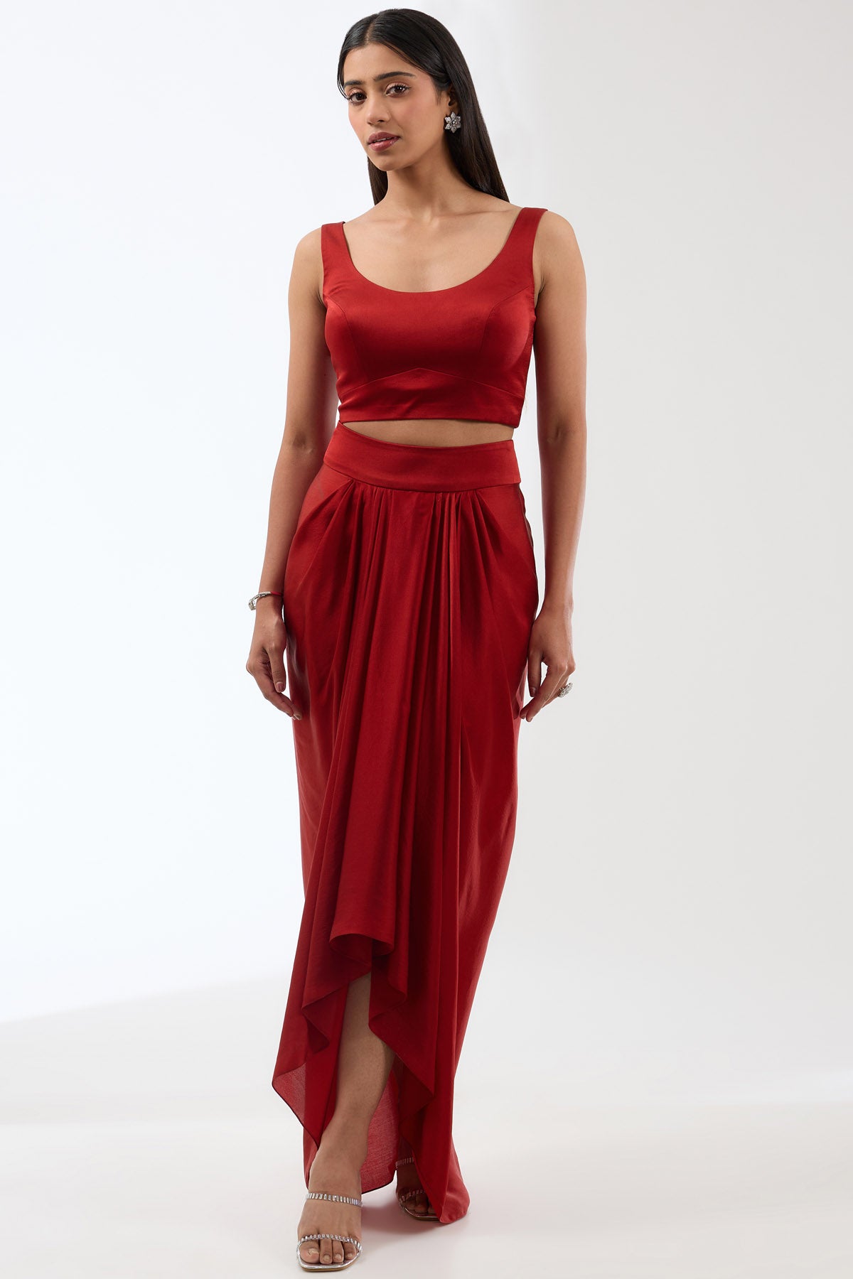 Red Beaded Draped Skirt Set