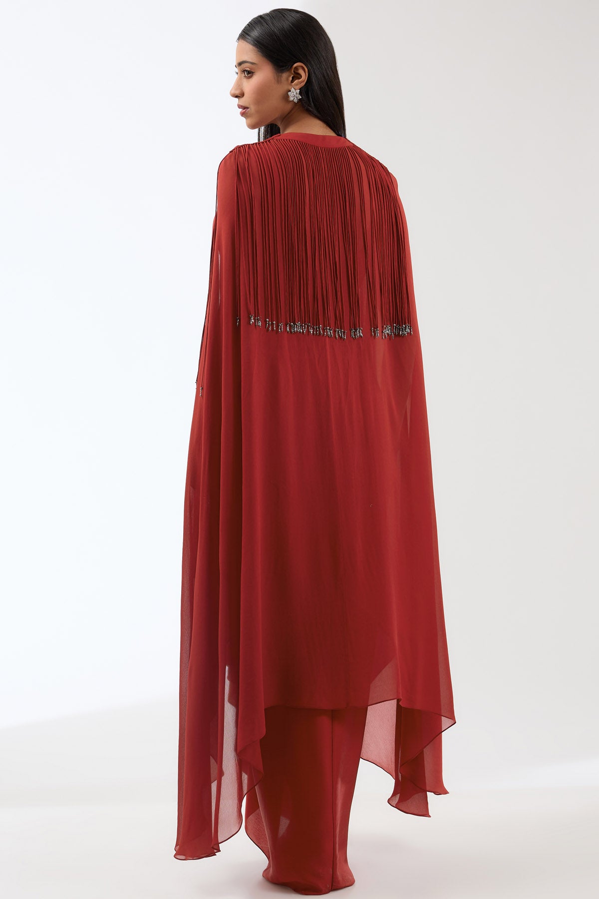 Red Beaded Draped Skirt Set