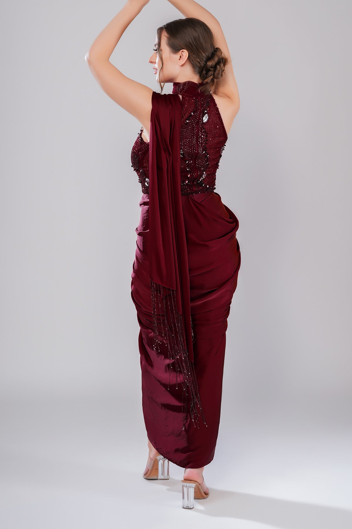 Red Beads Embellished Drape Gown