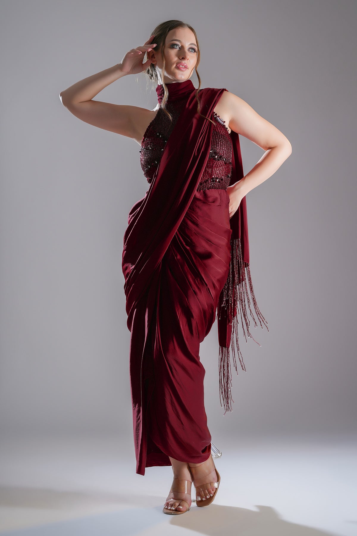 Red Beads Embellished Drape Gown