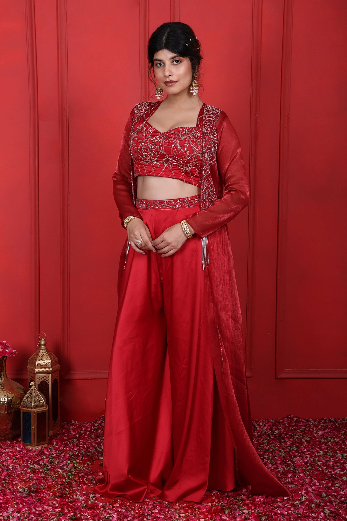 Red Beads Embroidered Jacket Set