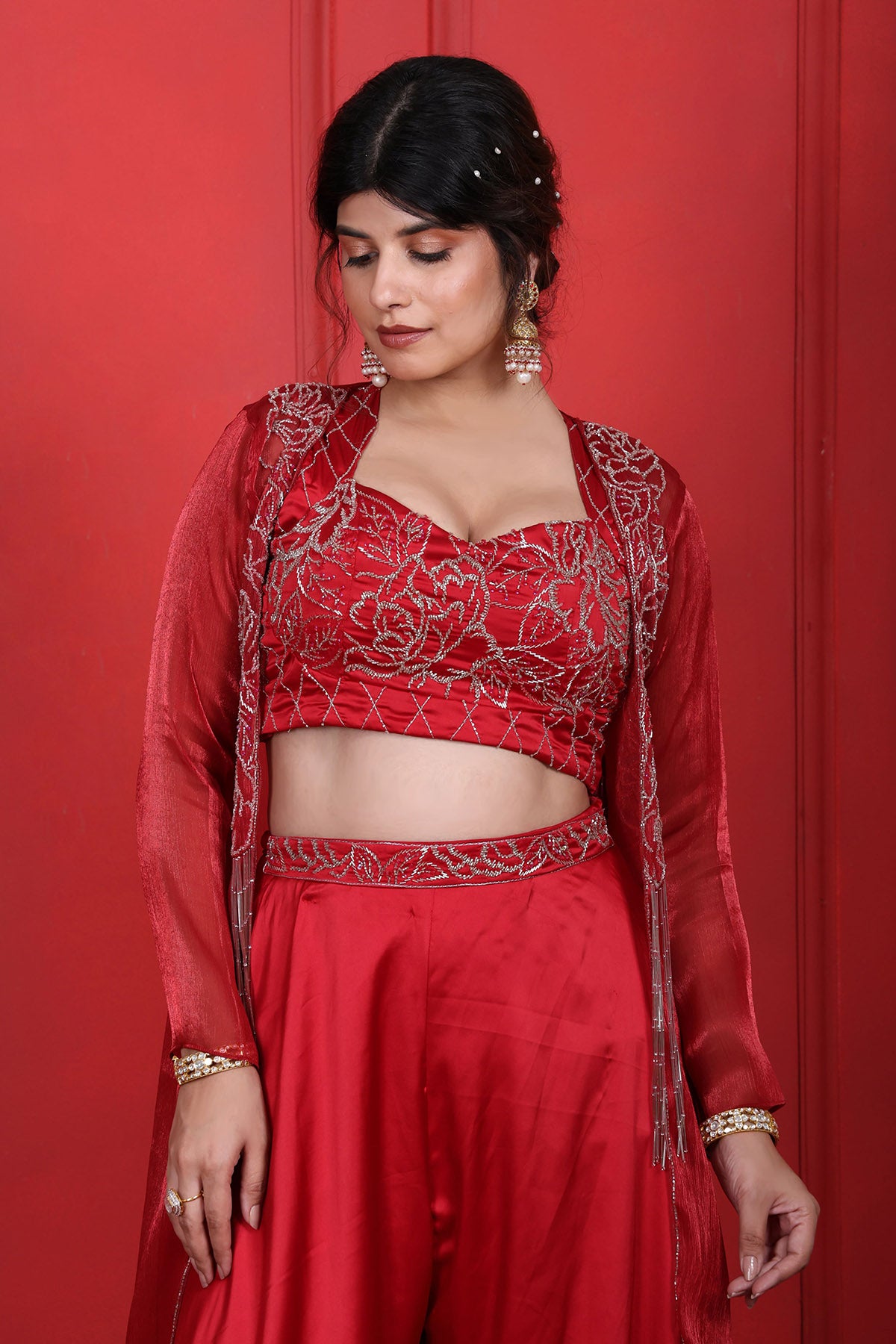 Red Beads Embroidered Jacket Set