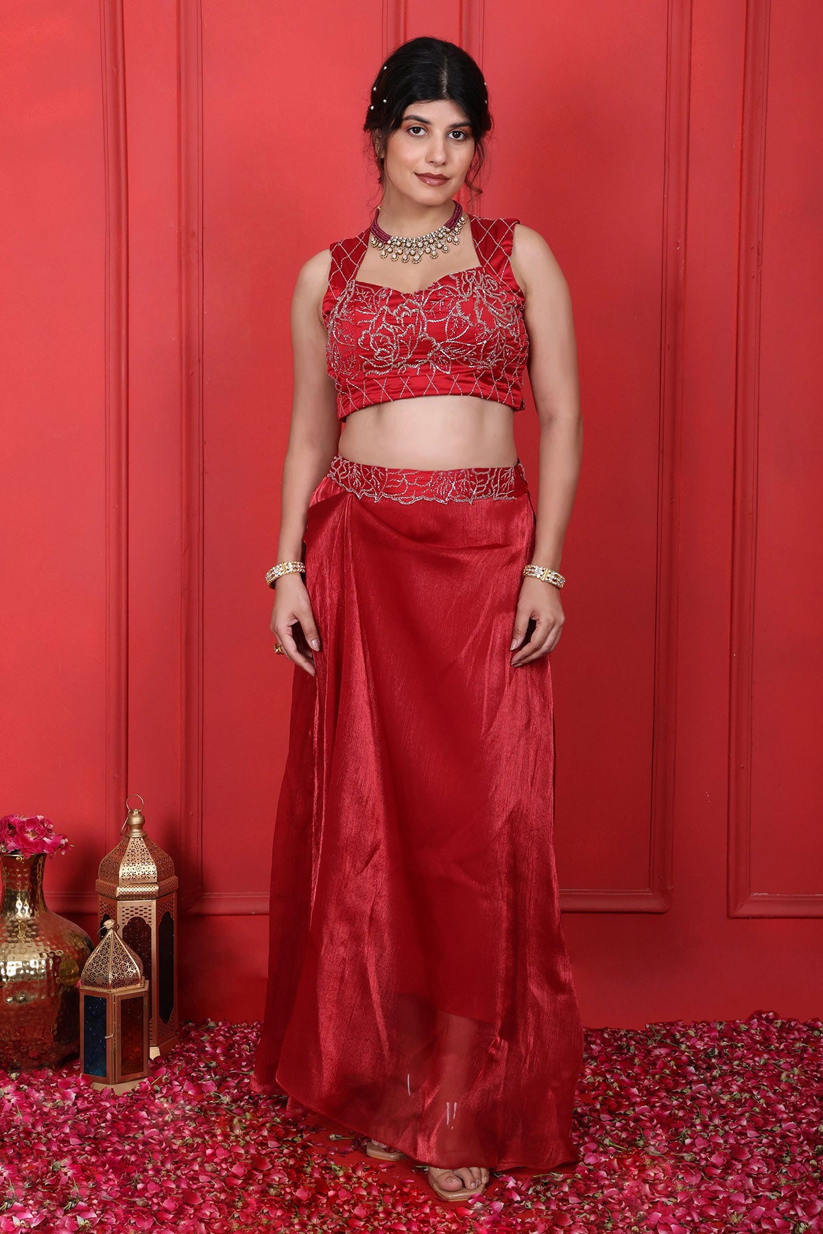 Red Beads Embroidered Skirt Set