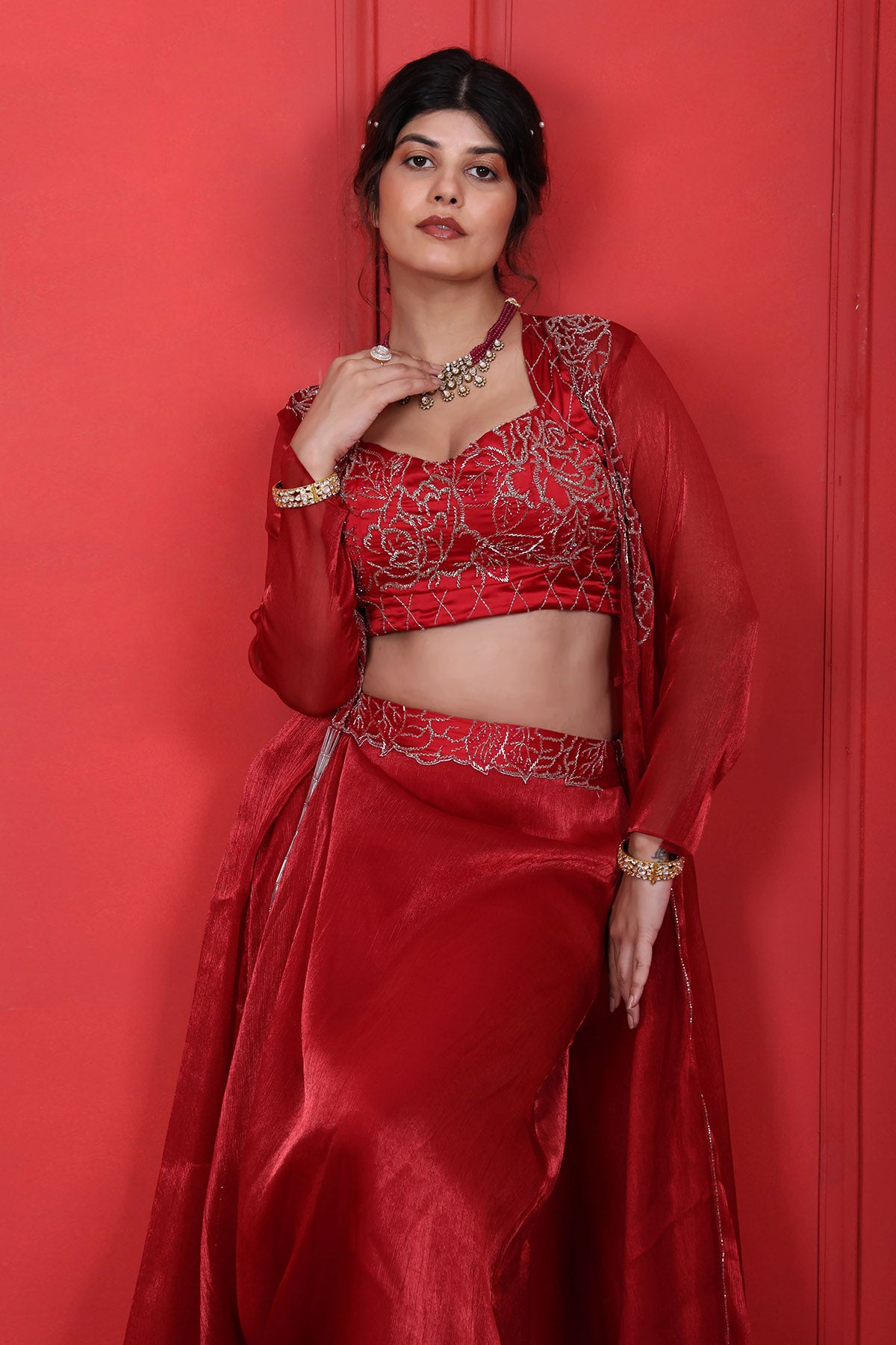 Red Beads Embroidered Skirt Set