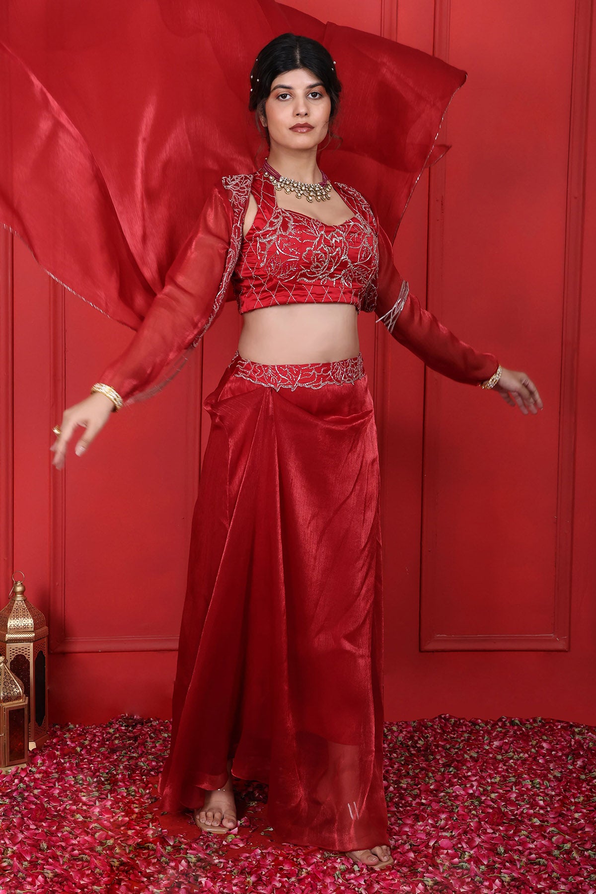 Red Beads Embroidered Skirt Set