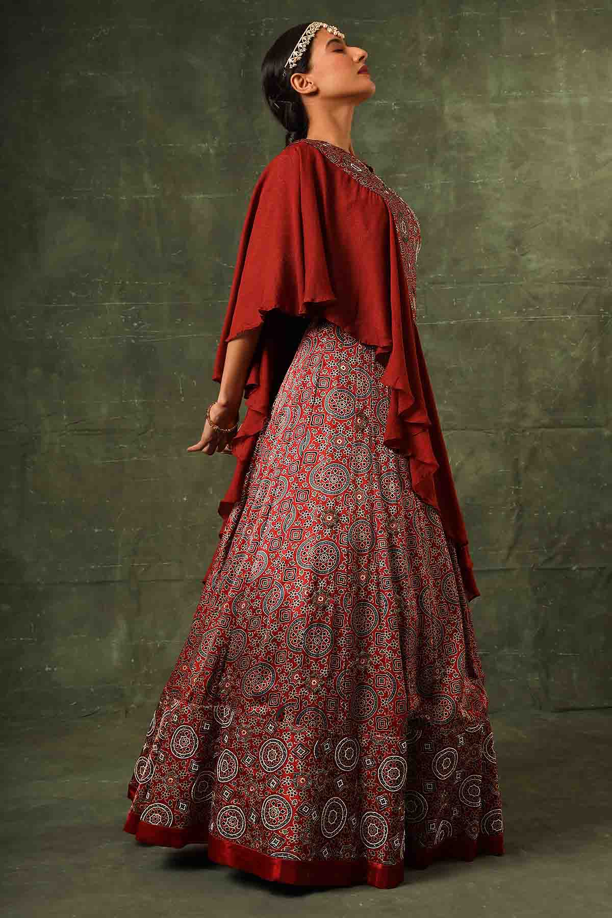 Red Beadwork Ruffle Lehenga Set