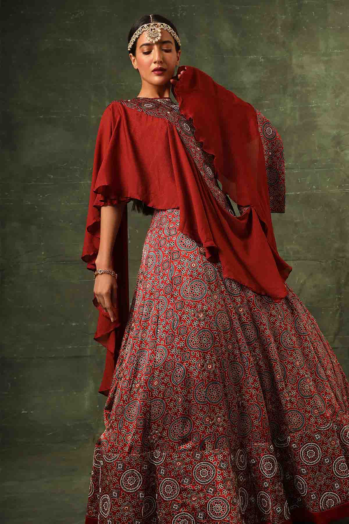 Red Beadwork Ruffle Lehenga Set