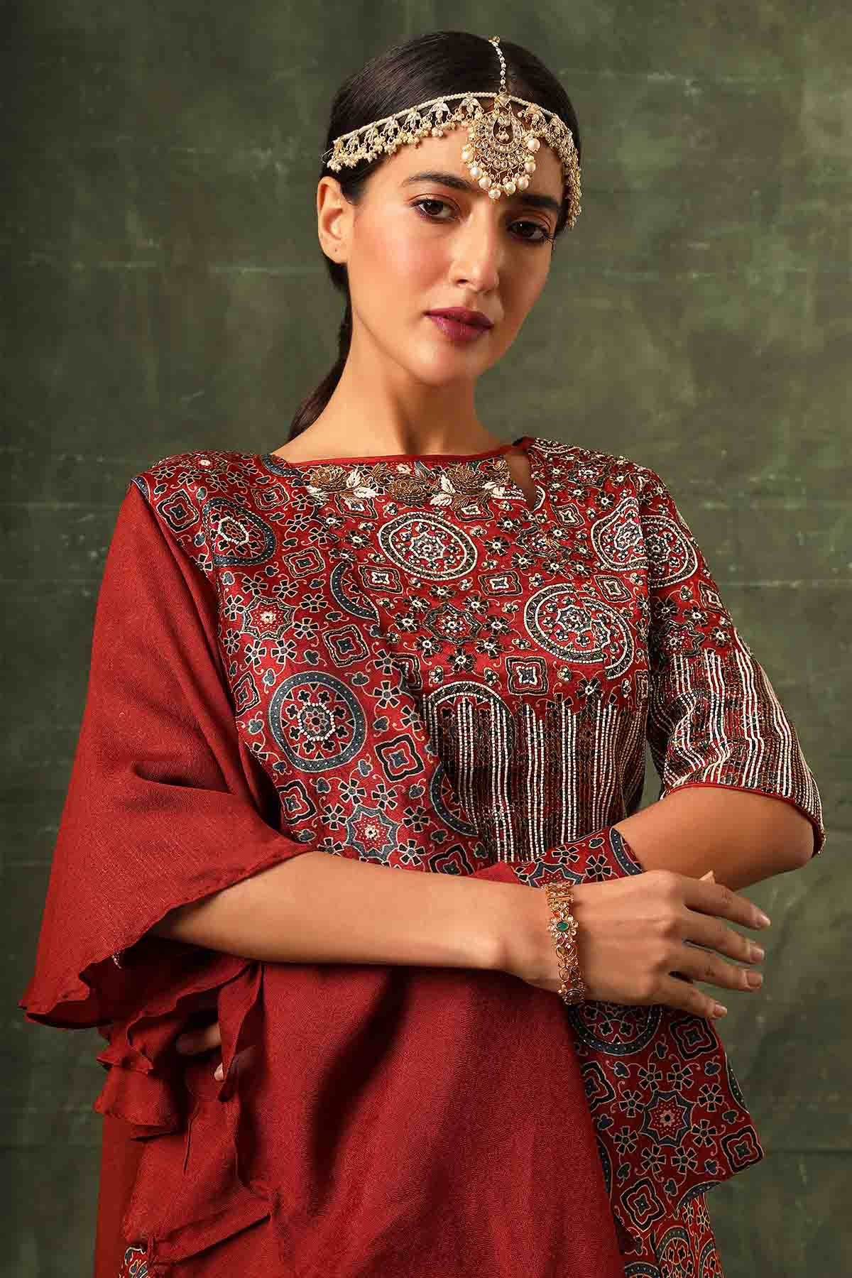 Red Beadwork Ruffle Lehenga Set