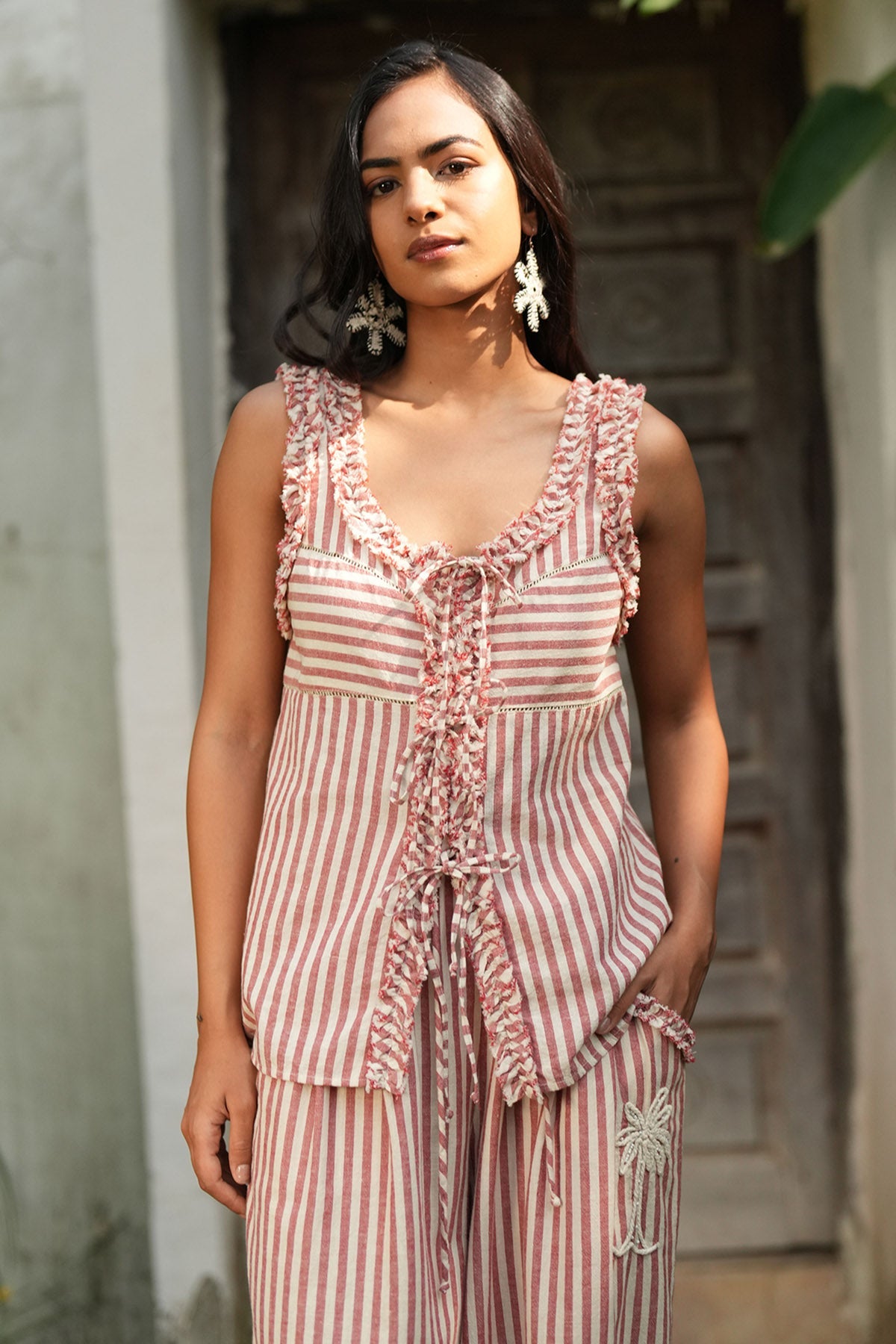 Buy Red & Beige Cotton Yarn Dye Top for women by Beachbum online available at scrollnshops