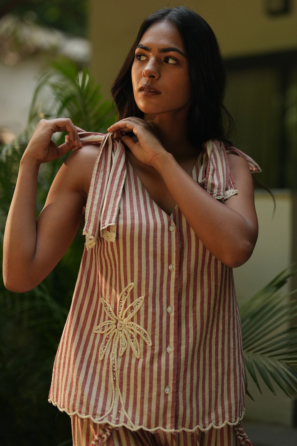 Red & Beige Dori Embroidery Top