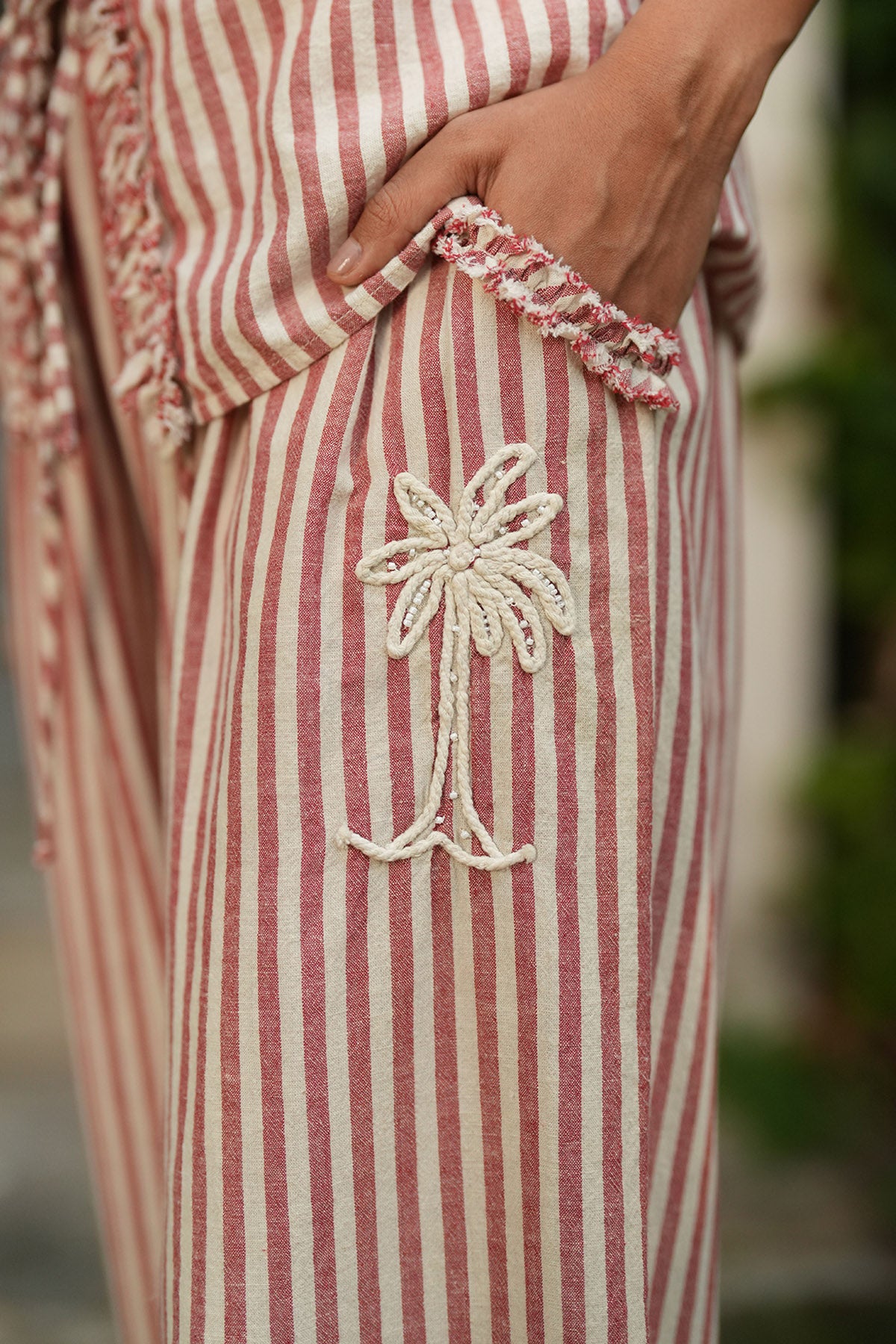 Red & Beige Palm Motifs Pants