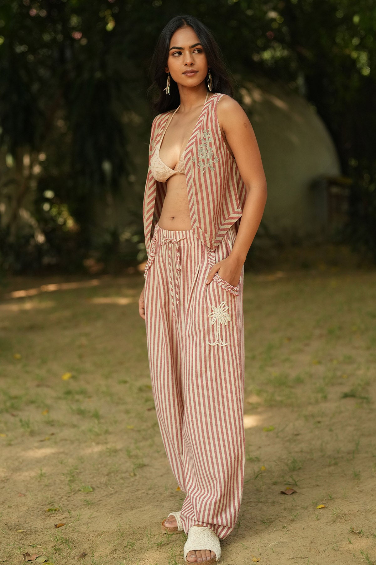 Red & Beige Palm Motifs Pants