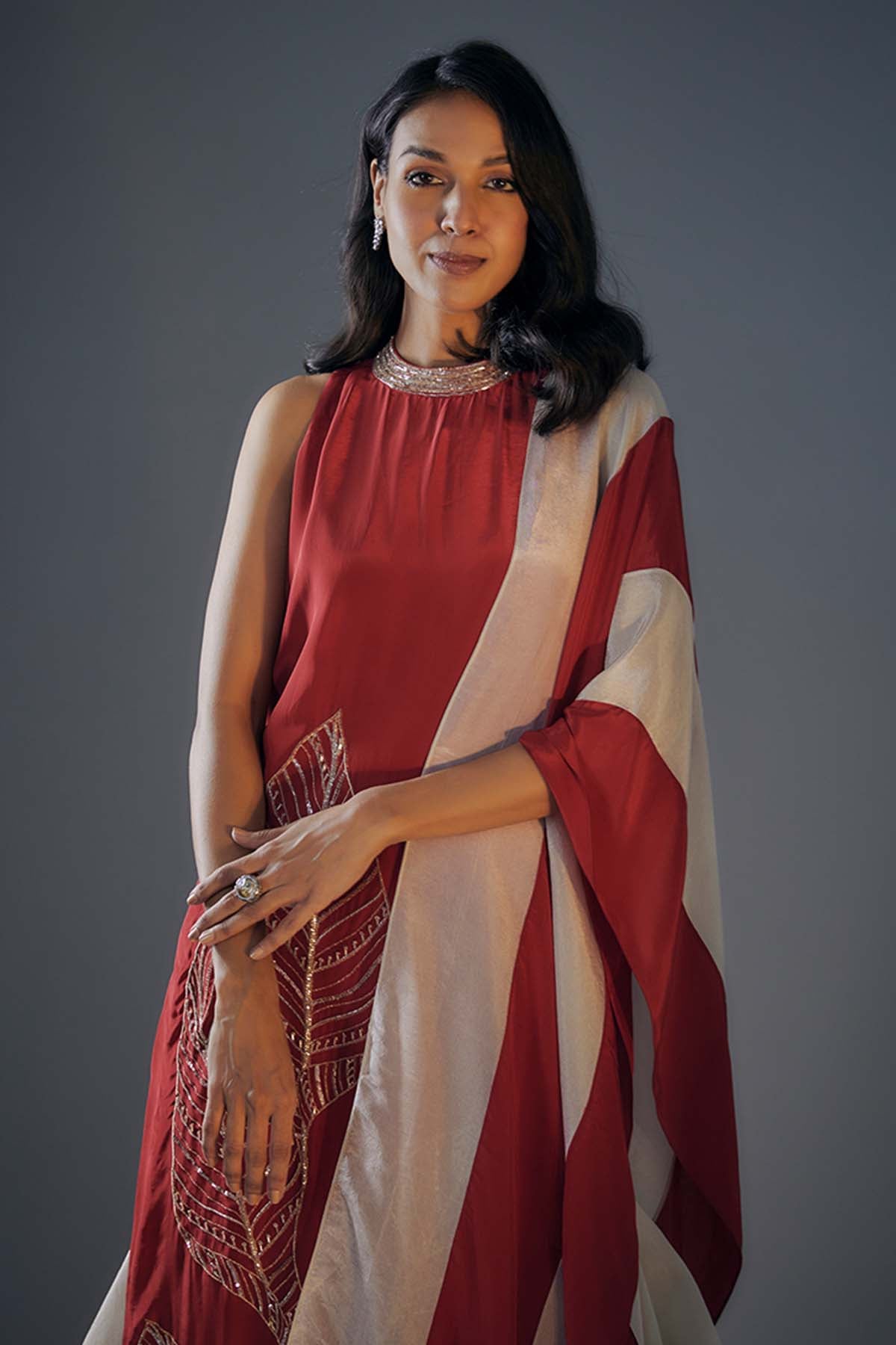 Red & Beige Sleeveless Kurta Set