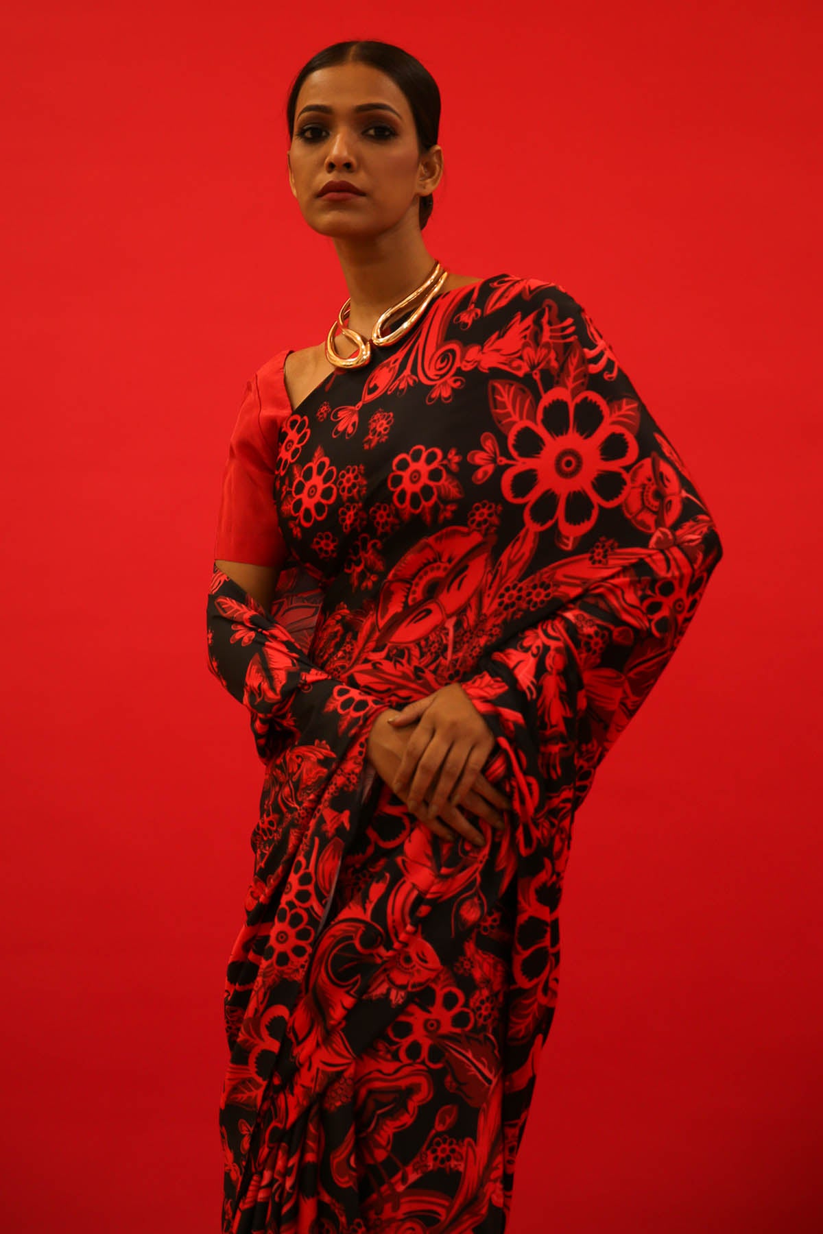 Red & Black Floral Satin Saree Set