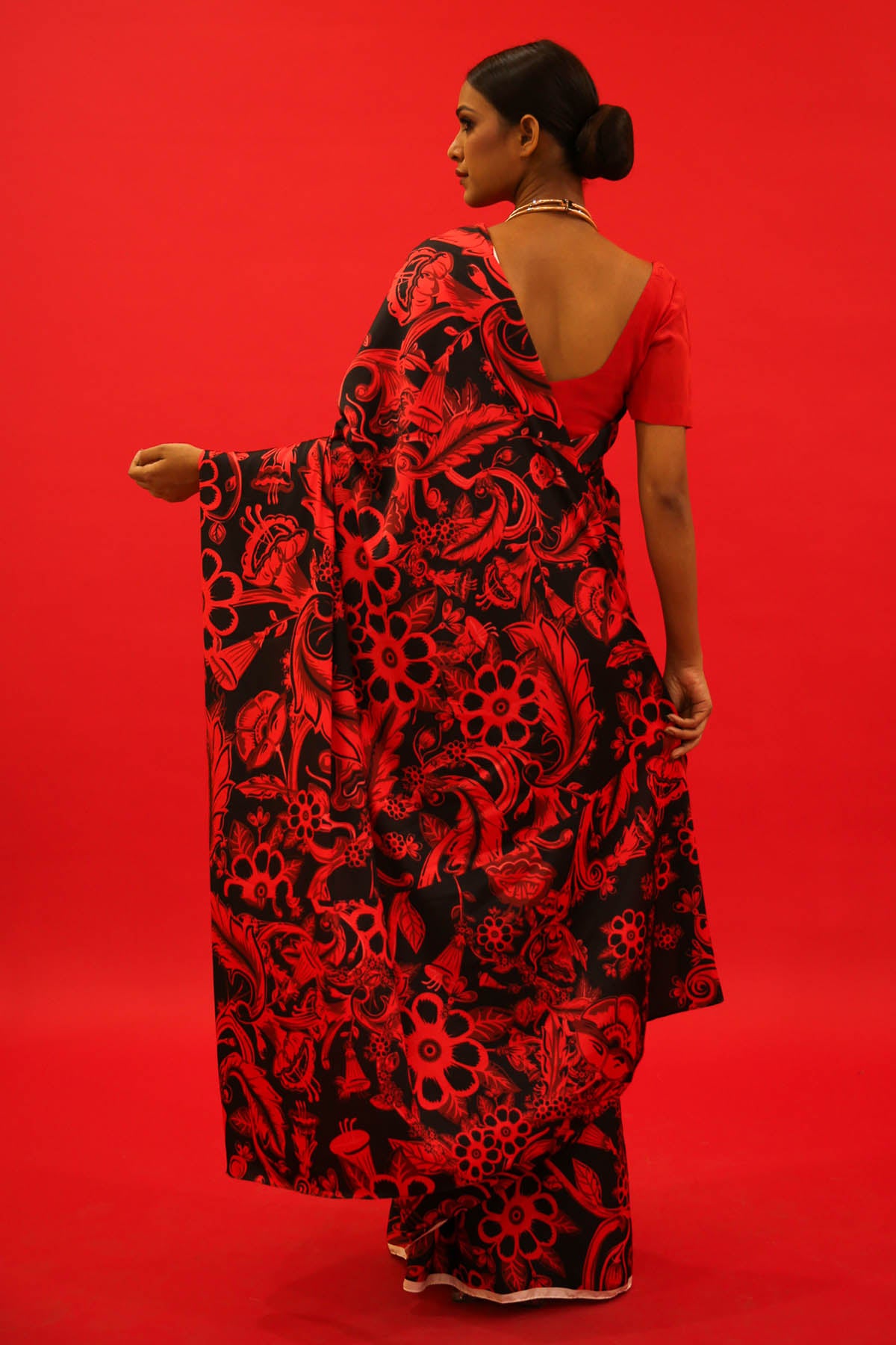 Red & Black Floral Satin Saree Set