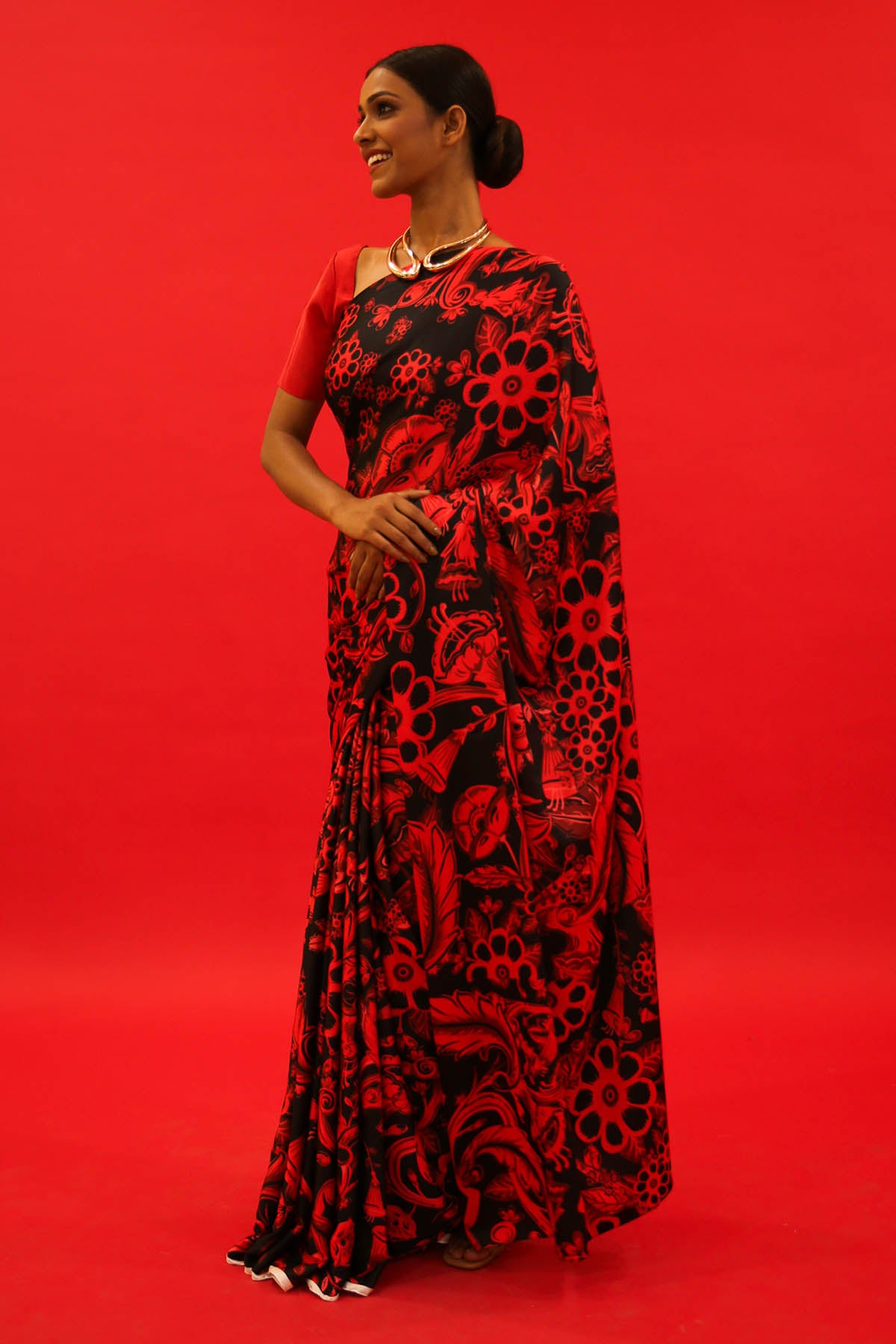 Red & Black Floral Satin Saree Set