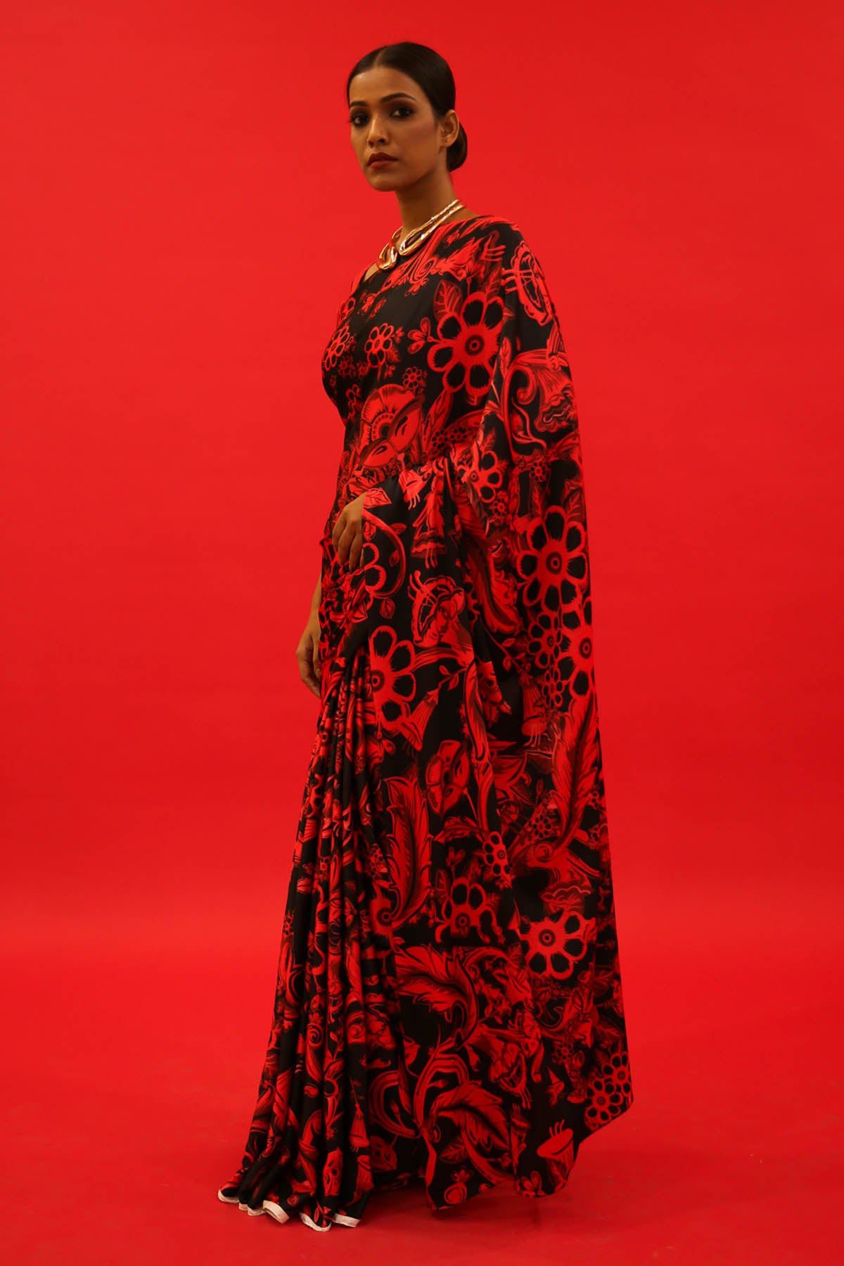 Red & Black Floral Satin Saree Set