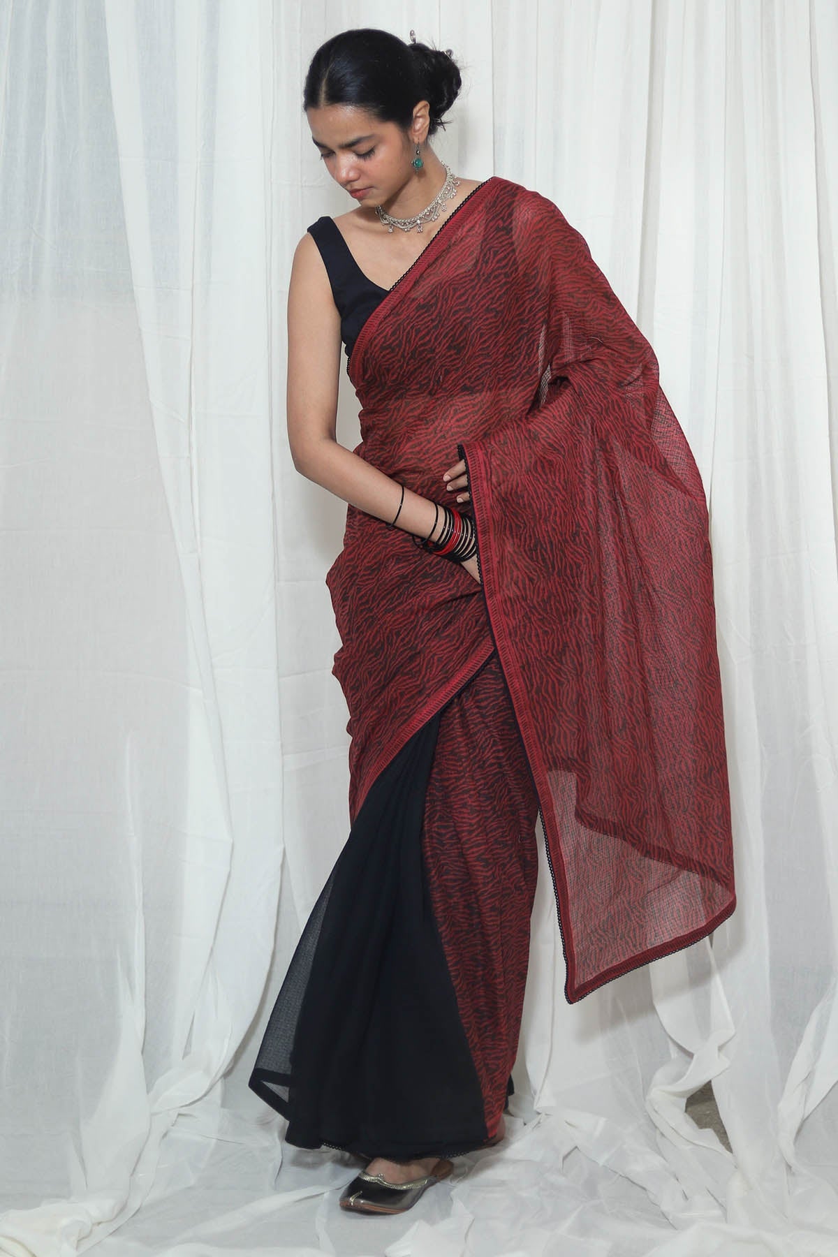 Buy Red & Black Kota Doria Saree for women by House Of 87 online available at scrollnshops