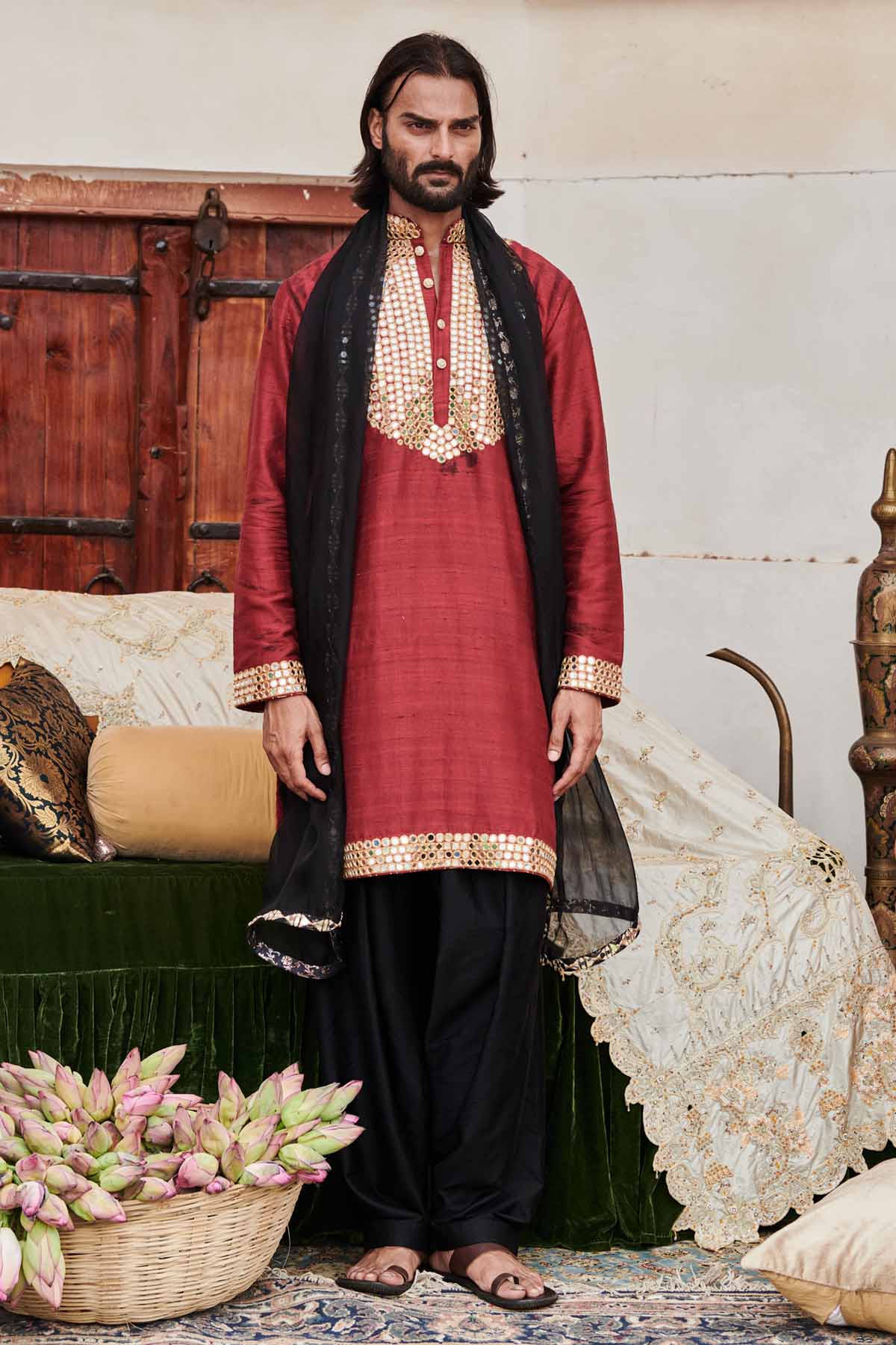 Buy ITRH, Designer Red & Black Kurta Set & Stole Online