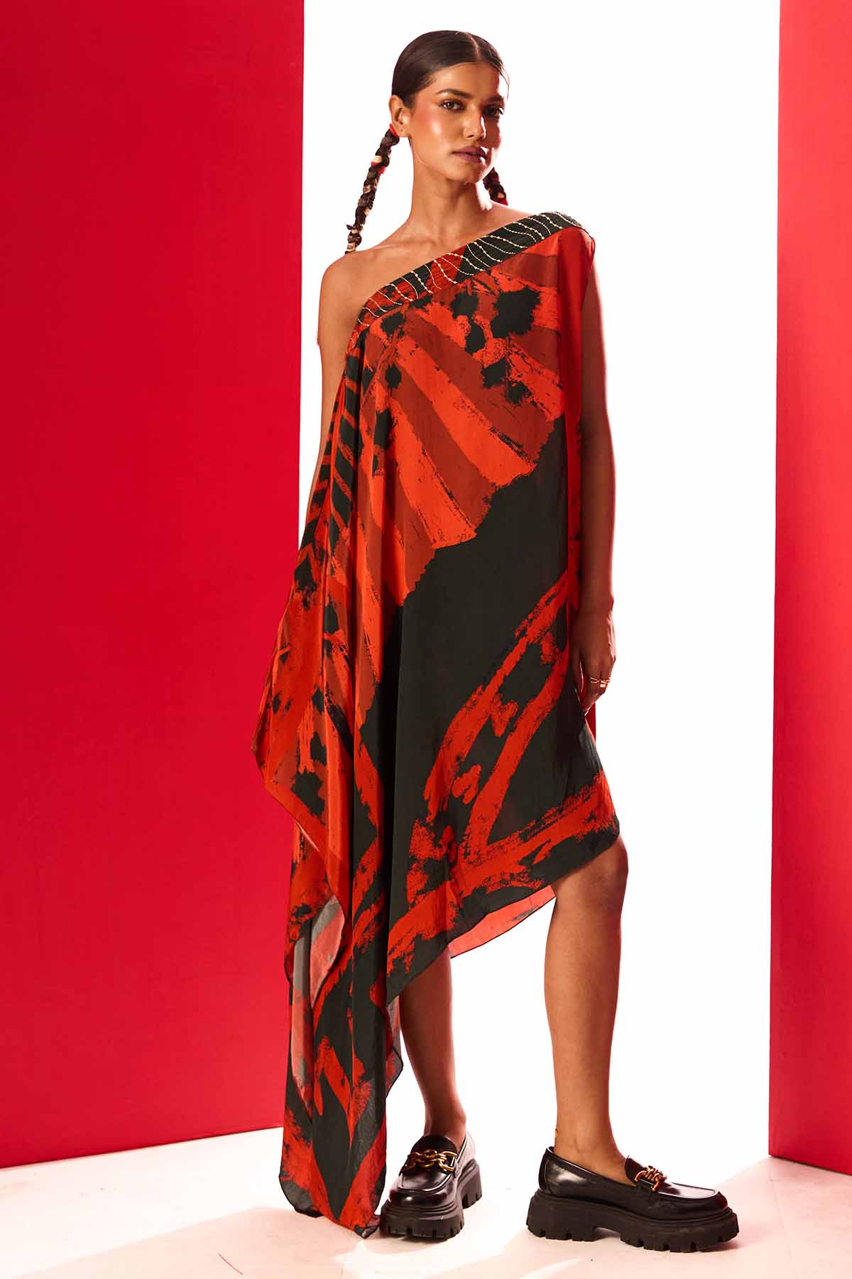 Buy Red & Black One Shoulder Dress by Shristi Chetani for women online at ScrollnShops